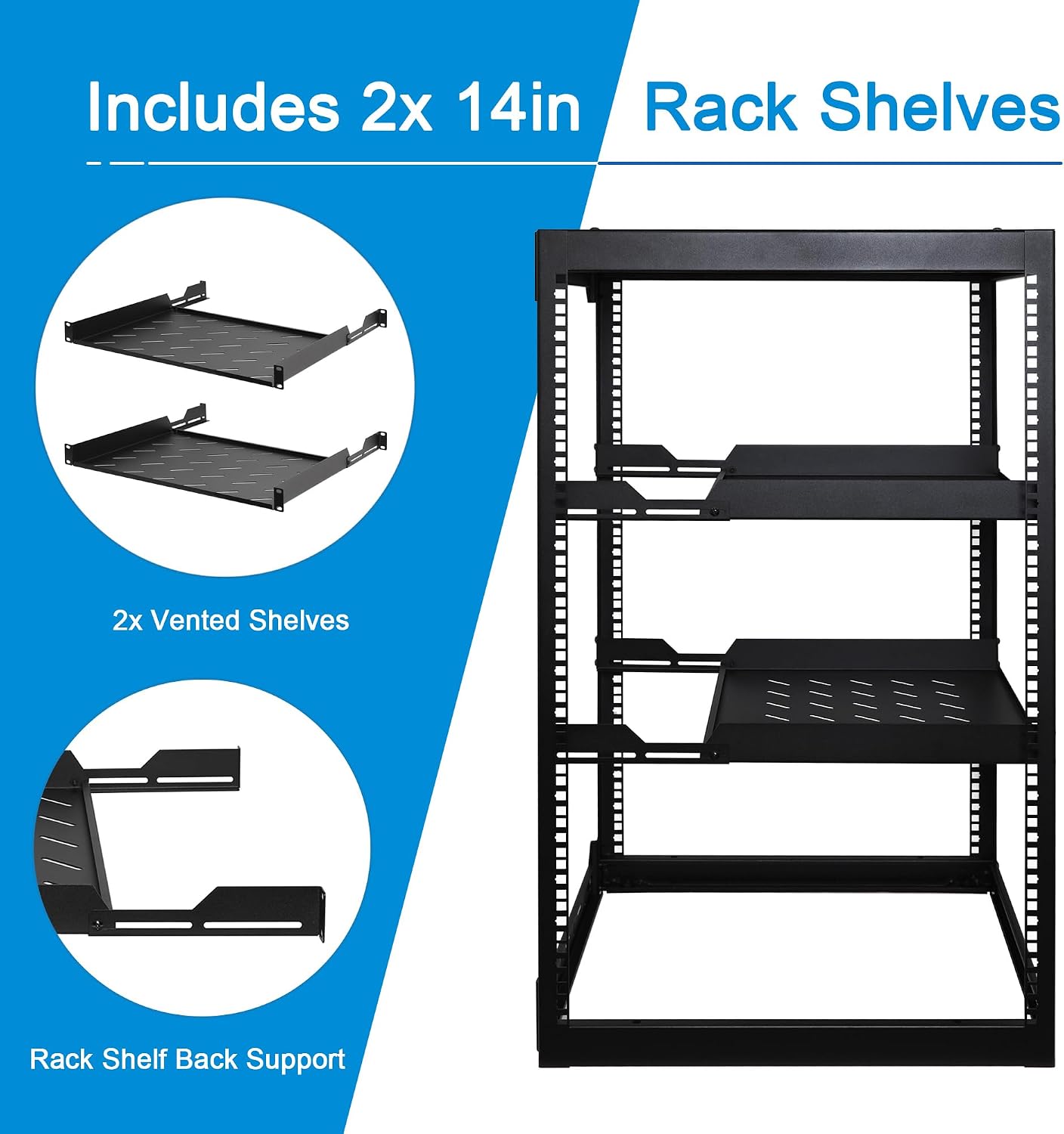 RackPath 20U Open Frame Network Rack with 2X 14in Vented 1U Shelves Rear Support, Wall Mount/Floor Standing Network Cabinet, Heavy Duty 150 lbs Capacity for IT & AV Gear, Audio and Video Device