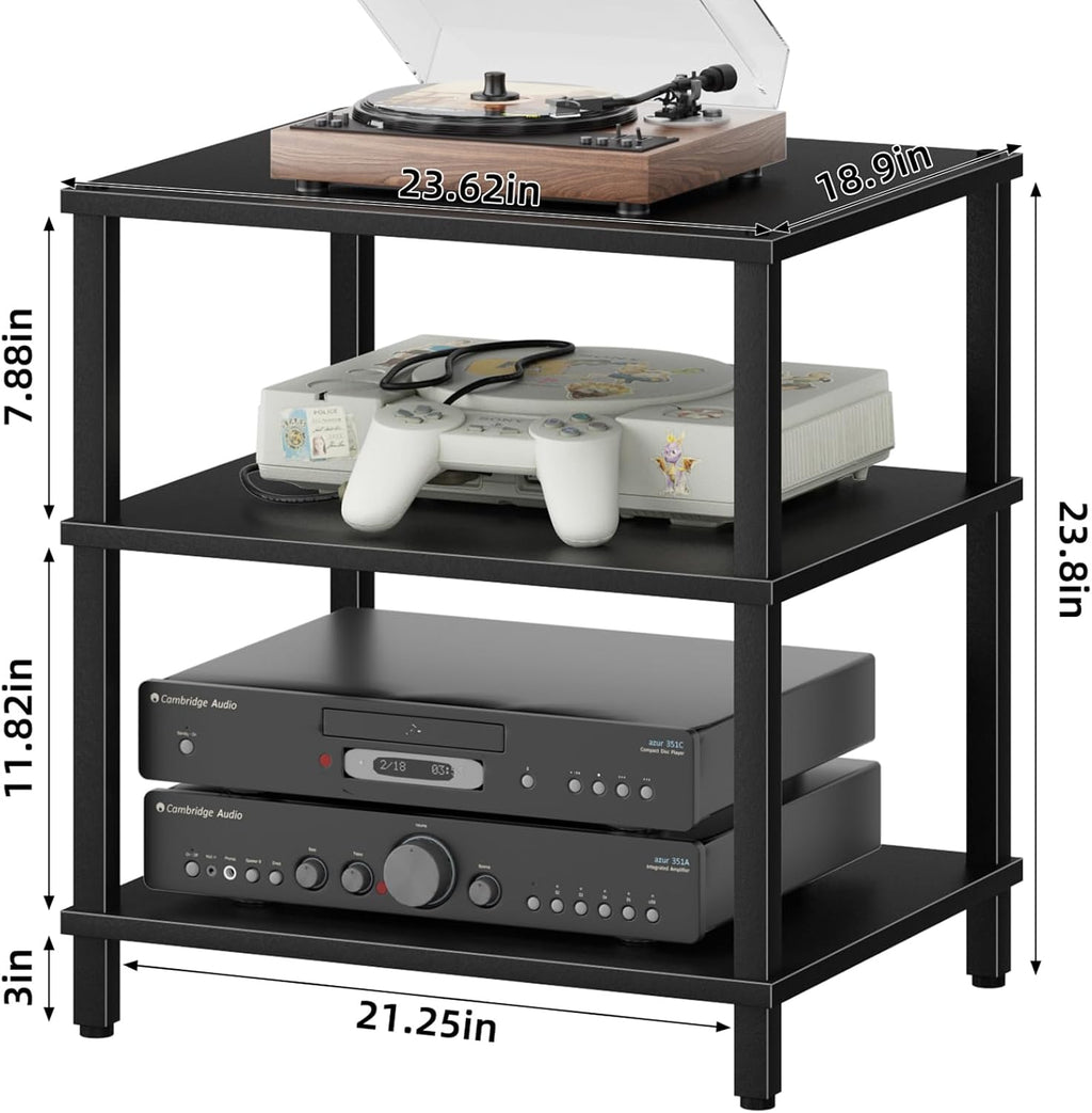 LELELINKY 3-Tier AV Media Player Stand Set of 2, Black Stereo Cabinet, Wooden TV Stand,Game Console Shelf, Multifunctional Entertainment Center, Suitable for Home, Conference Room, Game Studio