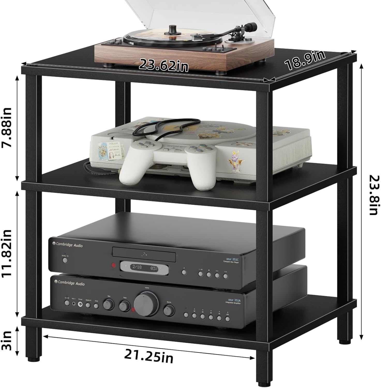 LELELINKY 3-Tier AV Media Player Stand Set of 2, Black Stereo Cabinet, Wooden TV Stand,Game Console Shelf, Multifunctional Entertainment Center, Suitable for Home, Conference Room, Game Studio