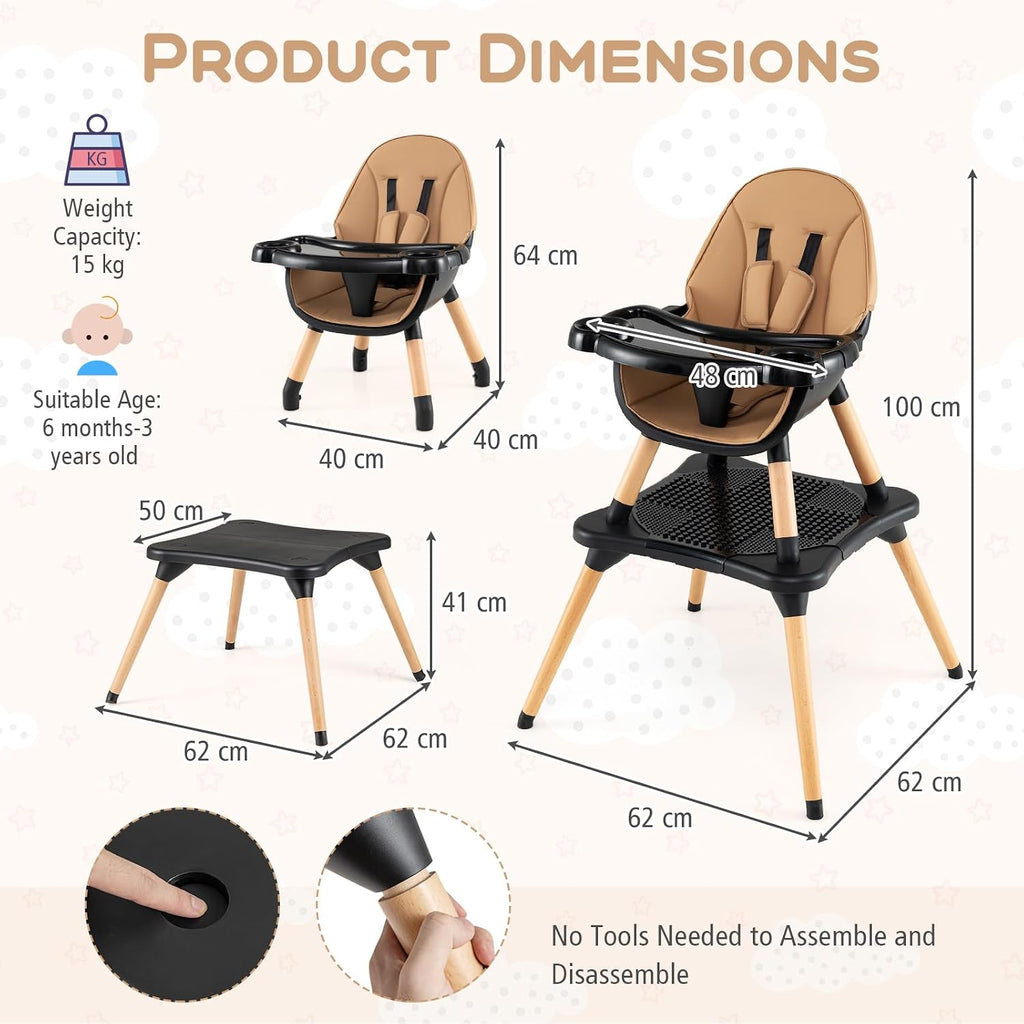 HONEY JOY Baby High Chair, 6-in-1 Convertible Wooden Highchair for Babies and Toddlers/Table Set/Toddler Chair with Safety Harness, 4-Position Removable Feeding Tray (Coffee)