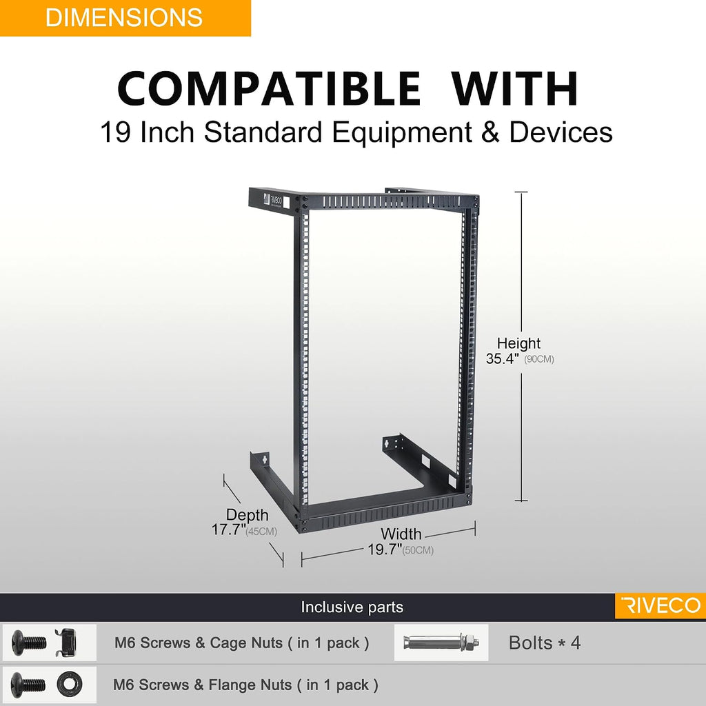 RIVECO 18U 19' Wall Mount Server Rack – 17.7' Deep 2 Post Open Frame Cabinet Easy Assembly Firm Constructed Shelf for Internet/Network/AV/Data Home Equipment/Patch Panel Heavy Duty Light Weight Black