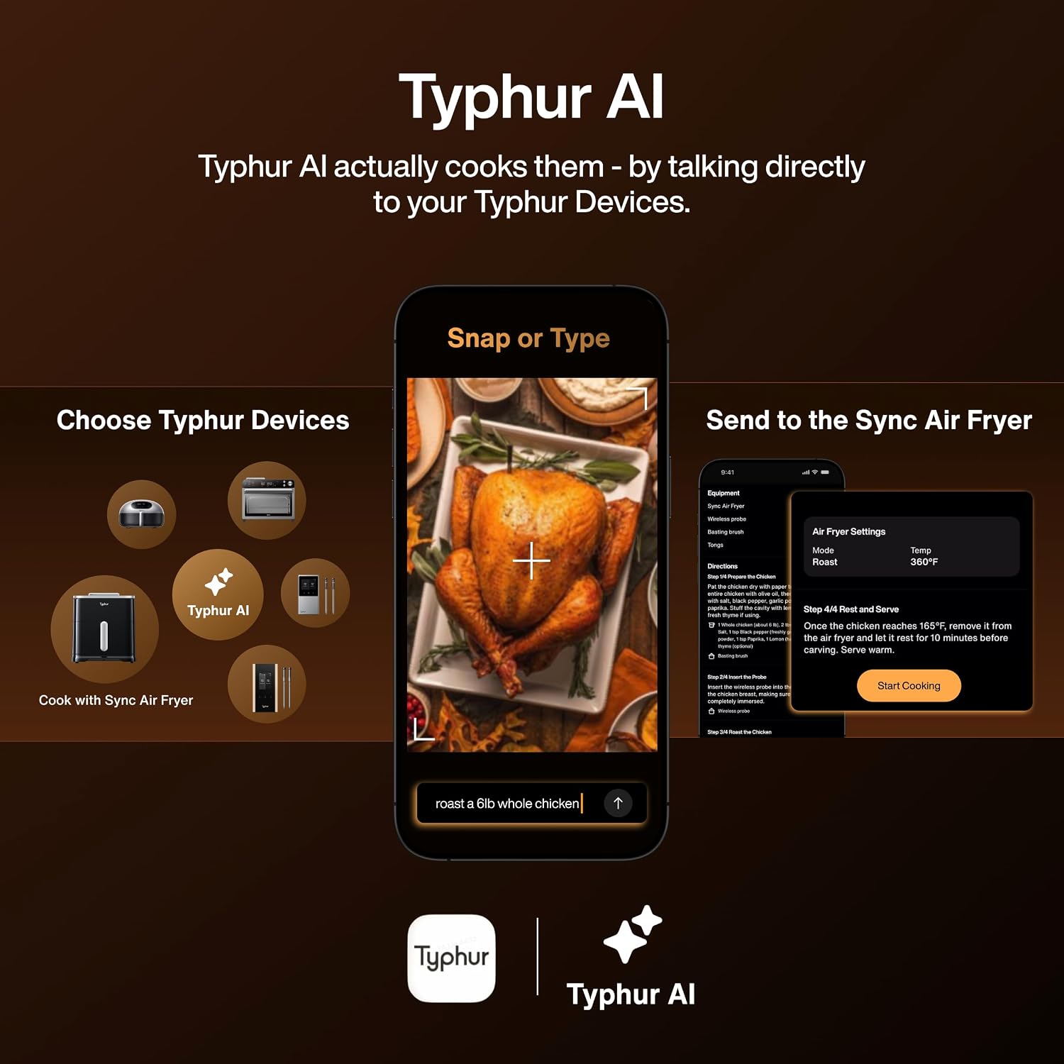 Typhur Sync 8QT AI Smart Air Fryer with Built-in Wireless Meat Thermometer, 9-in-1 XL Non Toxic Ceramic Airfryer, 450°F Max, Cooks 6lb Whole Chicken, Quiet & Dishwasher Safe, 120V