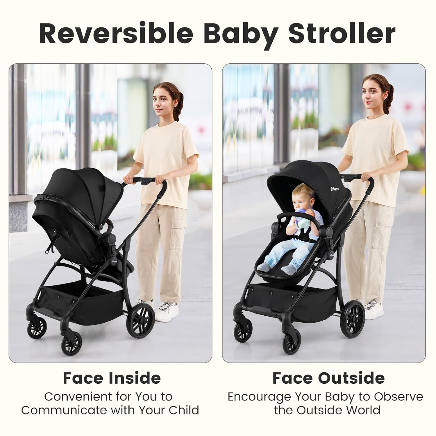 INFANS 2 in 1 Baby Stroller, Convertible Stroller with Bassinet Reversible Seat Adjustable Backrest Canopy One Hand Fold, Compact Toddler Pushchair for Kids Infants Newborns 0-36 Months