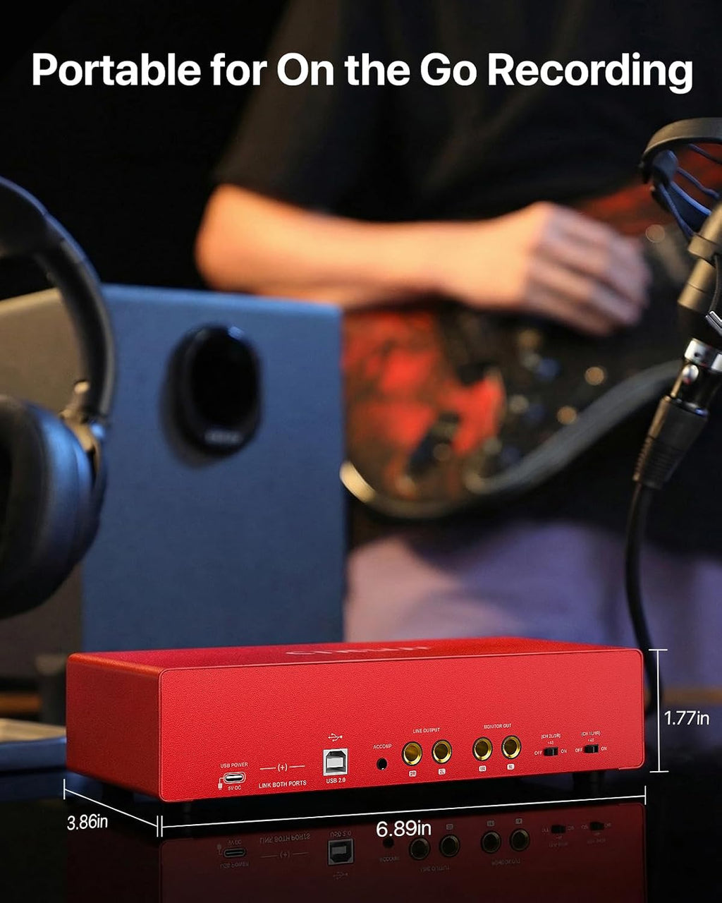 4x4 USB-C Audio Interface for PC & Mac - 24-bit/192kHz Studio Recording, 4 Combo Inputs (XLR/TRS), 4 TRS Outputs, 48V Phantom Power, FX Effects for Podcast/Streaming (Matte Red)