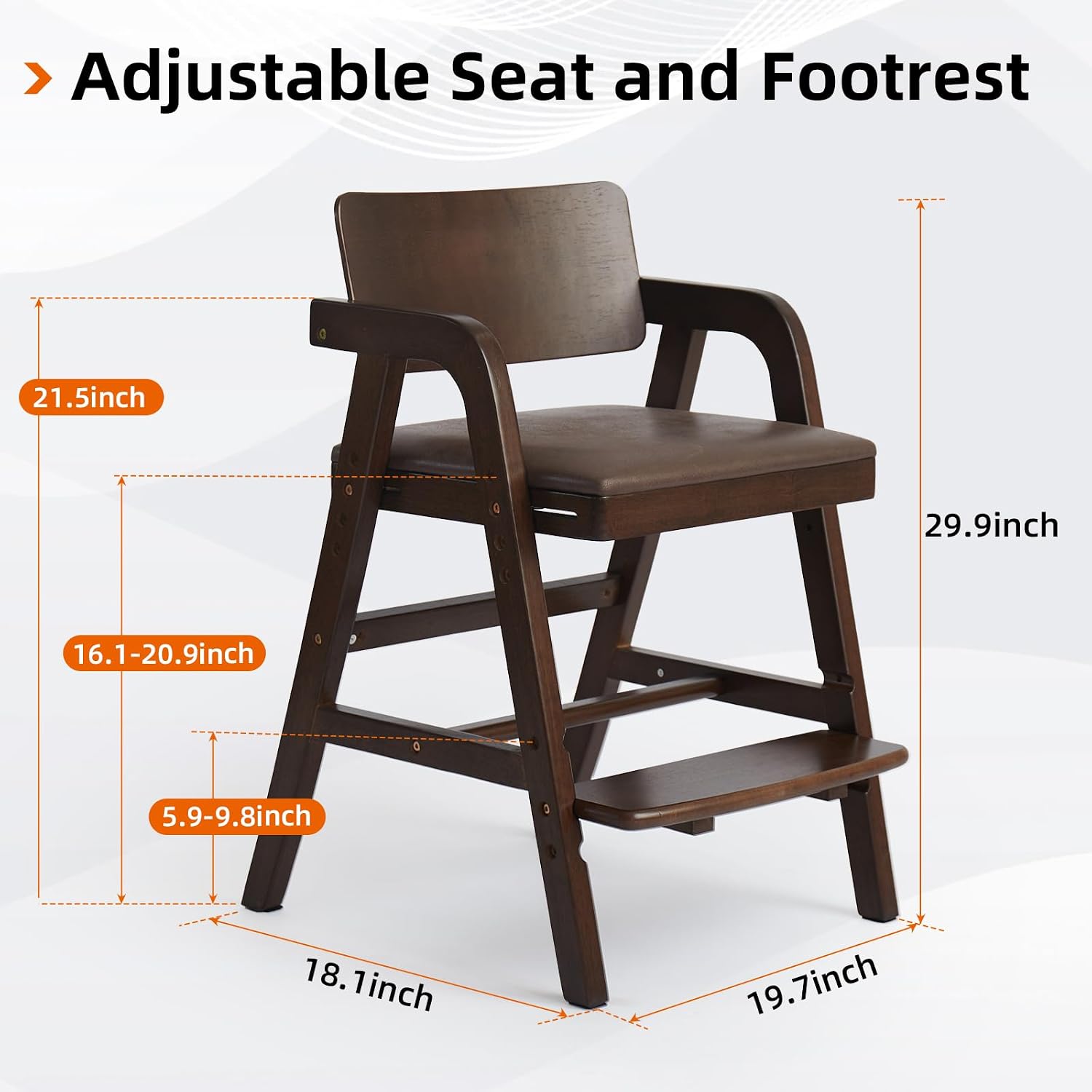 Wooden High Chair for Toddlers & Baby, Adjustable Dining Feeding Chair Grows with Kid, Ergonomic High Chair for Babies, Wipe Clean Skin-Friendly Cushion, for Home & Restaurant - Walnut