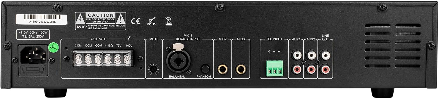 Dayton Audio DA60R 60W 2U Rack Mount Mixer-Amplifier 70V / 100V or 4 Ohm 3 Mic 2 Aux 1 Tel Inputs