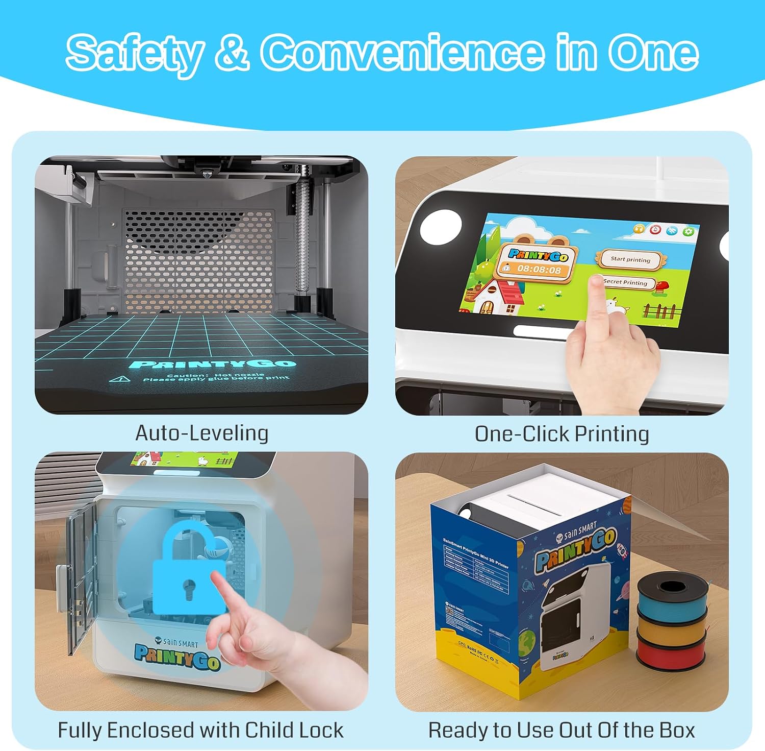 SainSmart PrintyGo Mini 3D Printer for Kids, 600mm/s Auto Leveling Printer for Beginners with 5' Touch Screen, 1500+ Models, Child-Safe Design, Wi-Fi/App Control, Pre-Assembled for STEM Learning Gift