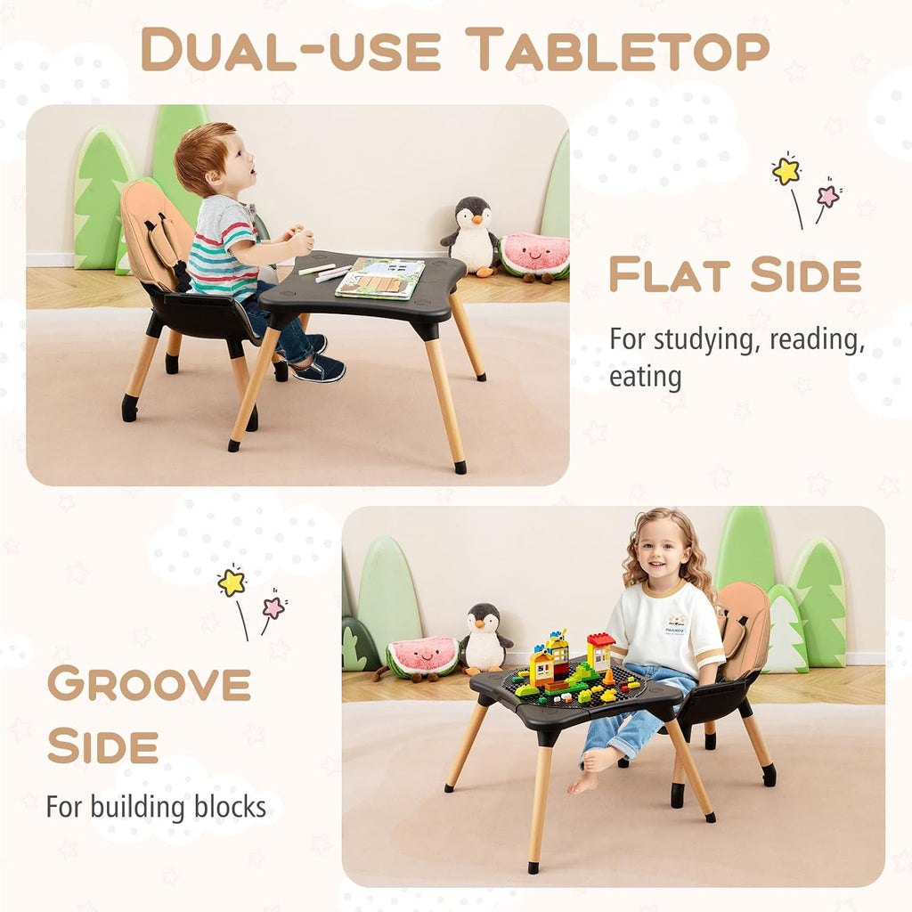 HONEY JOY Baby High Chair, 6-in-1 Convertible Wooden Highchair for Babies and Toddlers/Table Set/Toddler Chair with Safety Harness, 4-Position Removable Feeding Tray (Coffee)