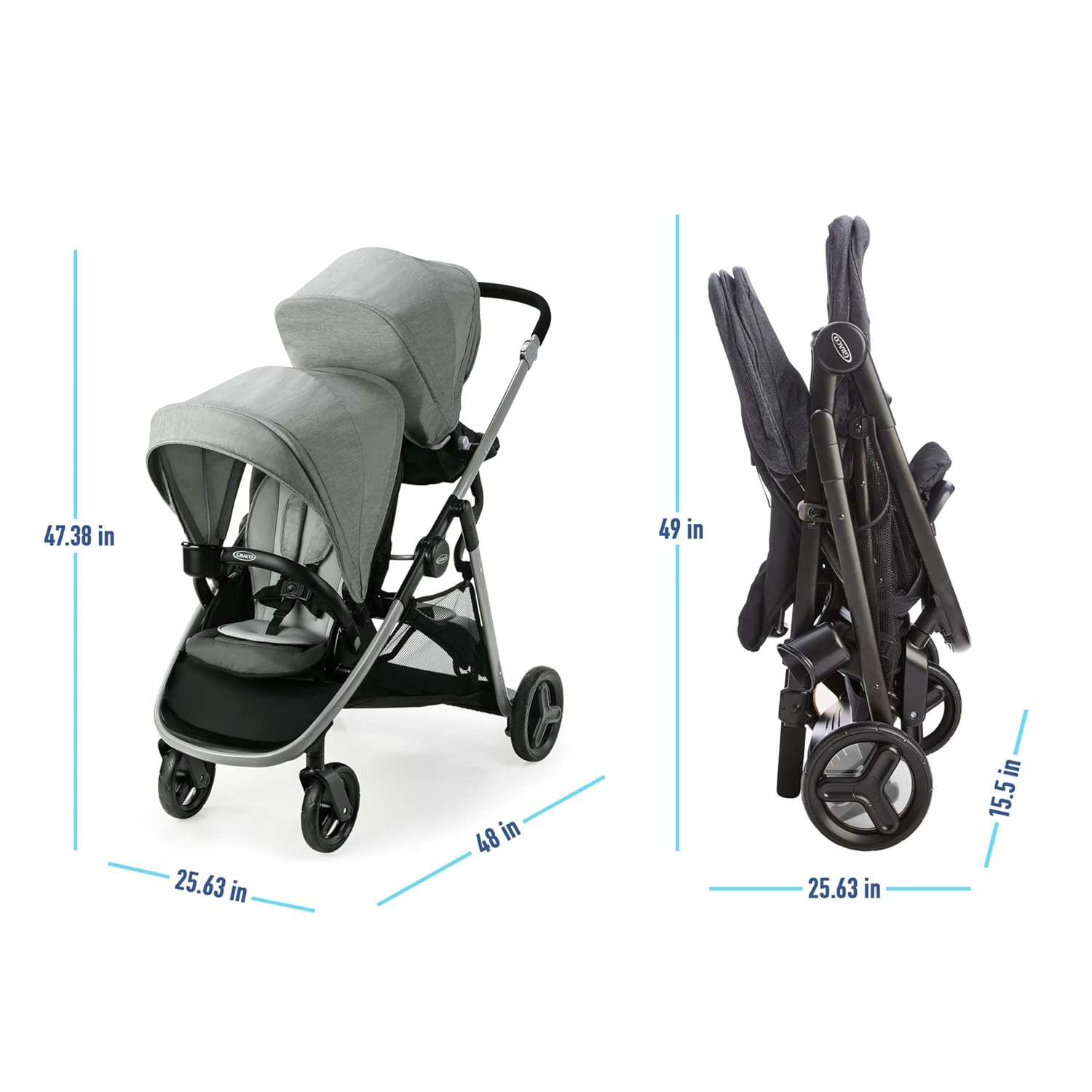 Graco Ready2Grow LX 2.0 Double Stroller, Twin Baby Stroller Features Bench Seat and Standing Platform Options, Compact Fold Perfect for Baby Travel, Clark