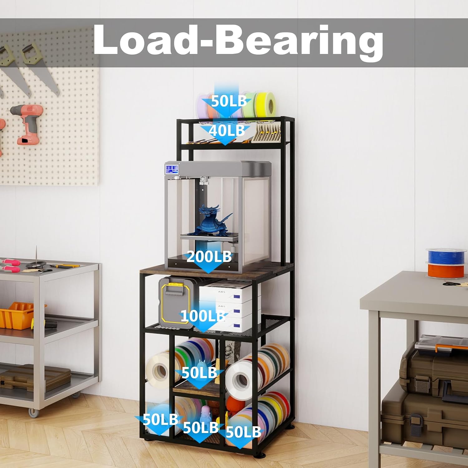 PUNCIA 3-Tier Heavy Duty 3D Printer Stand with Filament Storage Rack – Sturdy Organizer for PLA ABS PETG Spools, Compatible with FDM SLA Resin Printers, Durable Shelf for Home Studio Workshop Makers