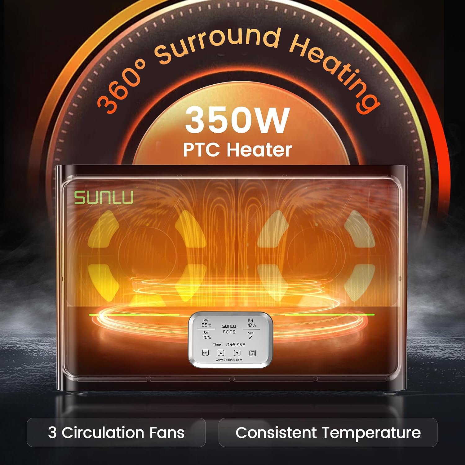 SUNLU Official 3D Printer Filament Dryer S4, 4 Spools Capacity, 3 Circulation Fans, 350W PTC Heater, 70℃ Max Temperature, Power Saving Storage Mode, Nylon TPU PLA PETG ABS Filament Dryer Box, Black