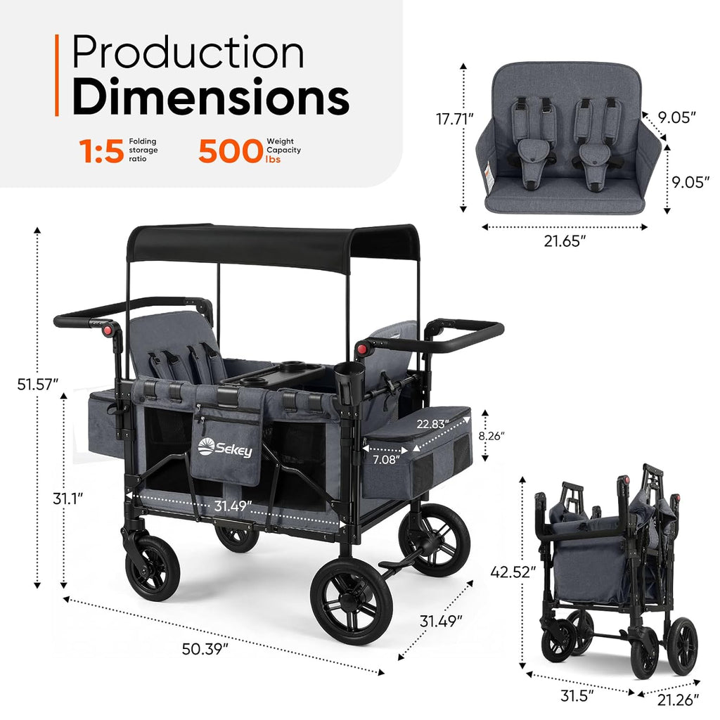 Sekey 4 Seater Stroller Wagon for Kids - Premium Quality with Convertible Seats, Adjustable Push Handles, Removable Canopy, Snack Tray & Cooler, US Certified.