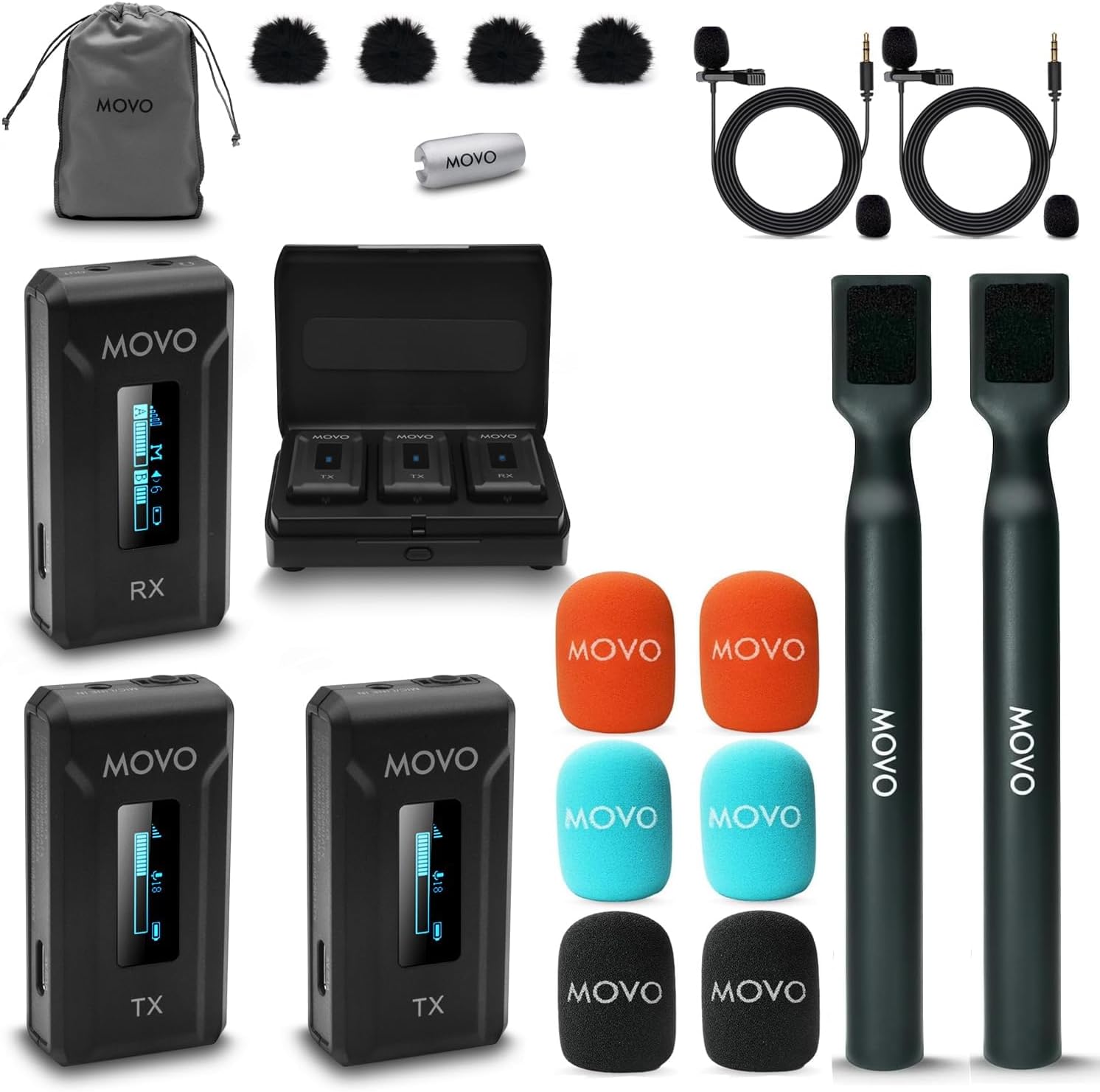 Movo WMX-2-DUO Dual Microphone Compact Wireless System with Handheld Extension Mounts - Mini Wireless Lavalier Microphones for Cameras with Mic Handles for Reporting, Interviews and More