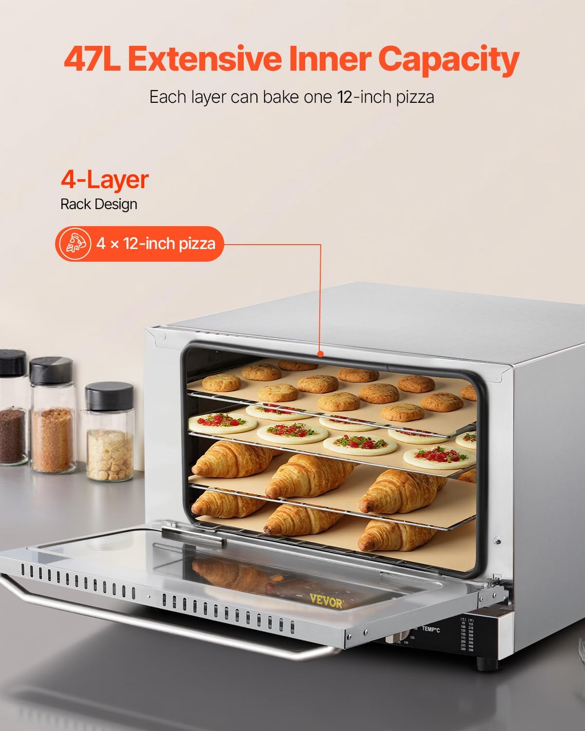 VEVOR Commercial Convection Oven, 47L/43Qt, Half-Size Conventional Oven Countertop, 1600W 4-Tier Toaster w/Front Glass Door, Electric Baking Oven w/Trays Wire Racks Clip Gloves, 120V