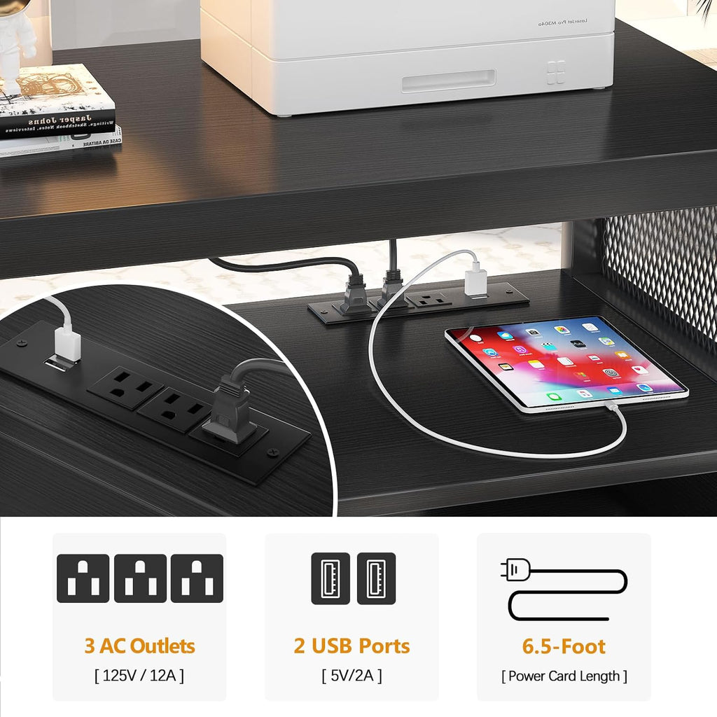 Unikito Lateral File Cabinet, Locking Office Printer Stand with Sockets and USB Charging Ports, Modern Rolling Printer Desk with Storage for A4, Letter Size and File Folders, Black