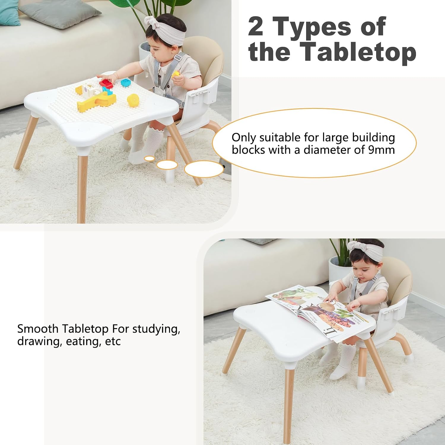 Baby High Chair, 7 in 1 Convertible High Chairs for Babies and Toddlers, Kids Learning Table, Building Block Table, Toddler Dining Chair with 360° Rotating Seat, 5-Point Safety Harness (Khaki)