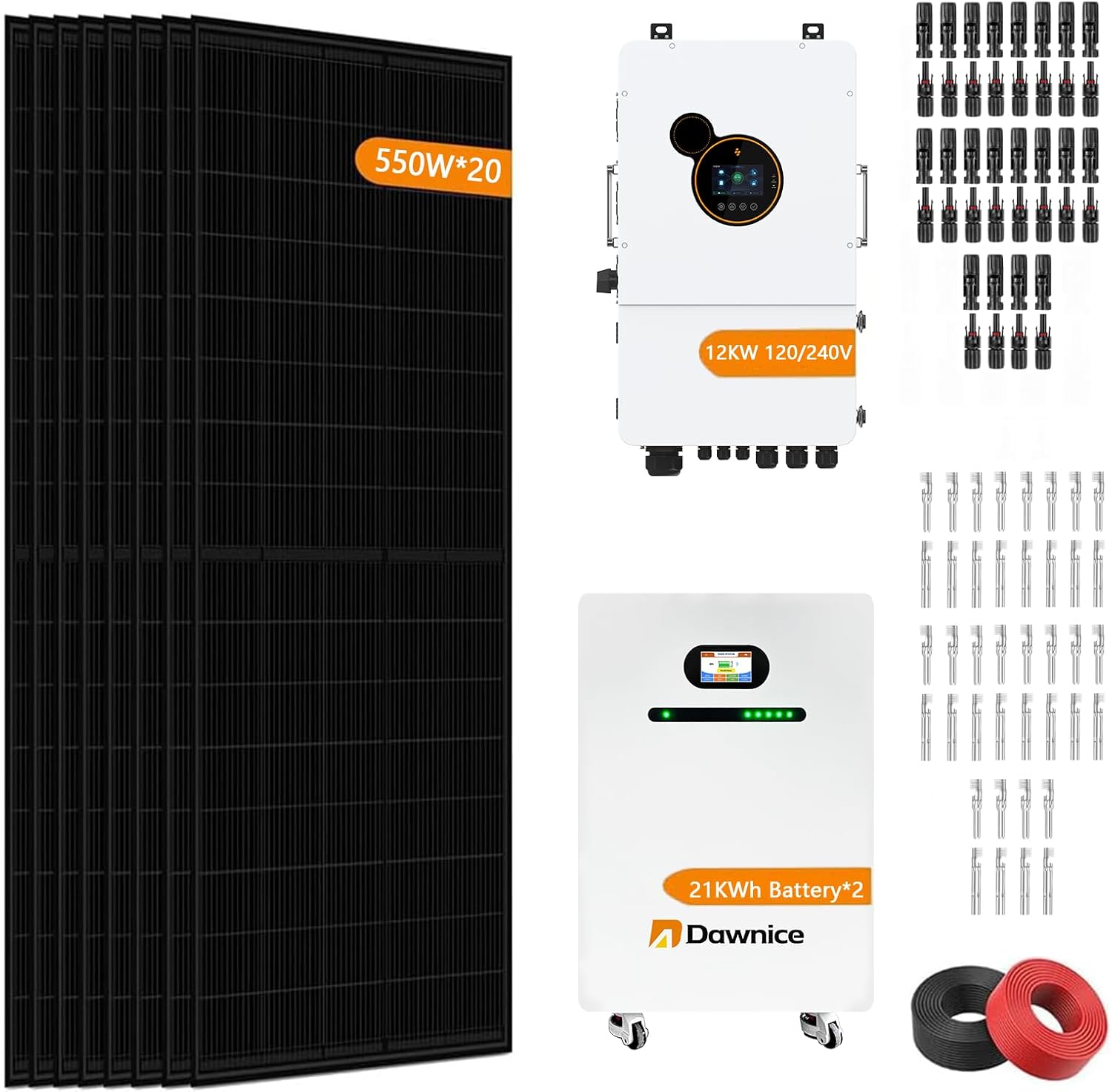 11000W Hybrid Grid Home Solar Power System Complete kit with 12KW Solar Hybrid Inverter,2sets 48V 21KWh LiFePO4 Battery 20PCS Bificial 550W Solar Panels with MPPT Controller 120/240Vac