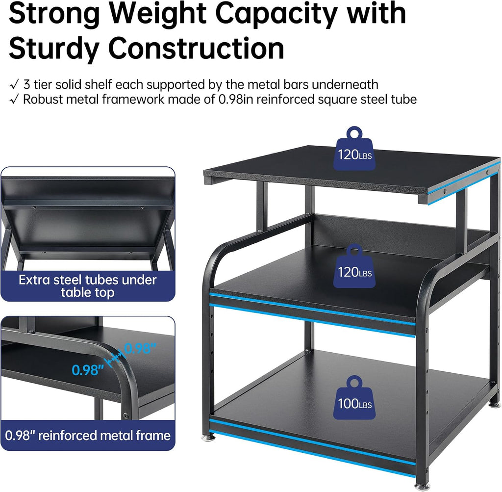 Fannova 25.6' x 23.6' Extra Large Printer Stand Table with Adjustable Storage Shelf, 3 Tier Rolling Printer Cart with Industrial Wheels for Home Office, Black