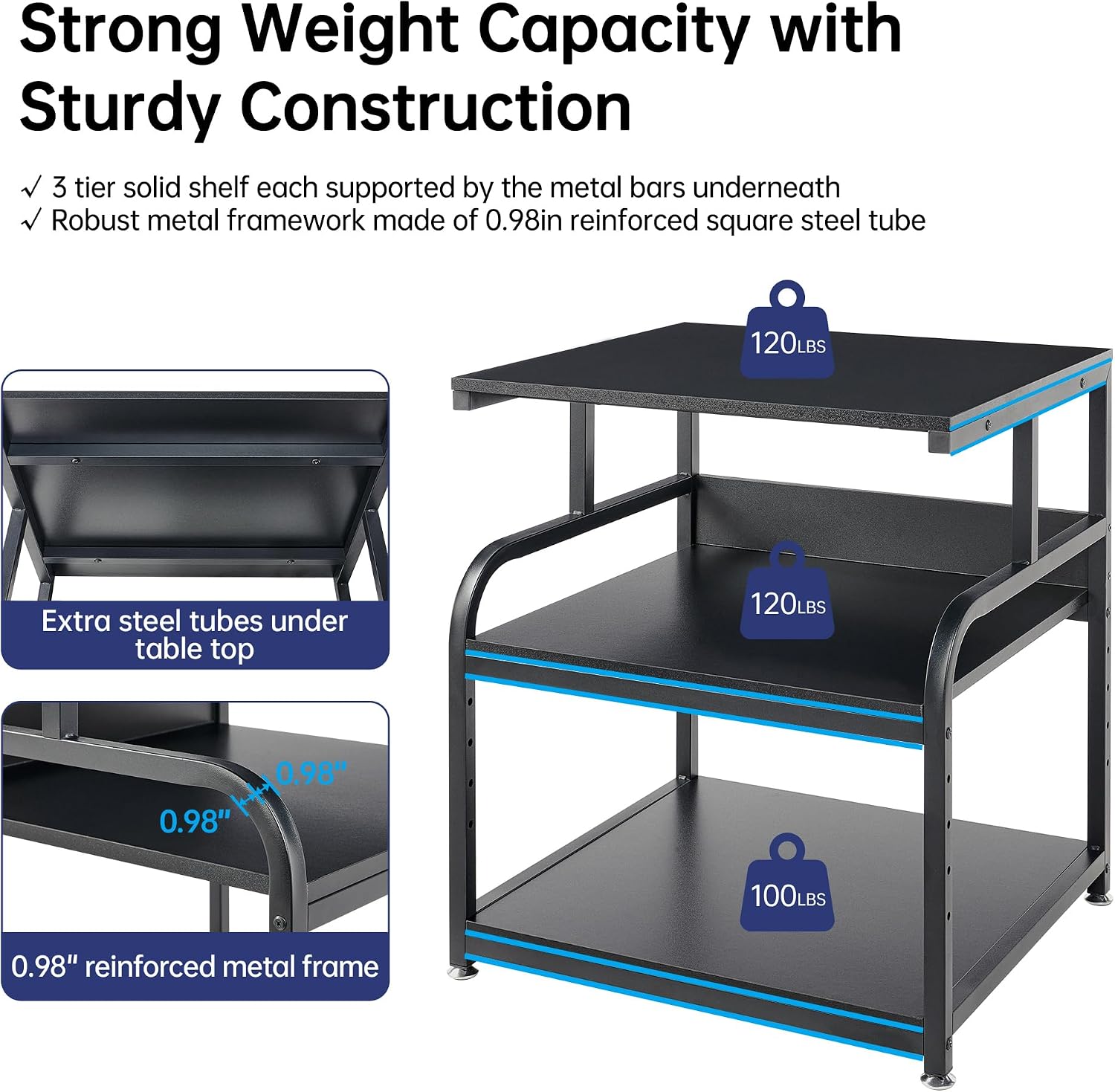 Fannova 25.6' x 23.6' Extra Large Printer Stand Table with Adjustable Storage Shelf, 3 Tier Rolling Printer Cart with Industrial Wheels for Home Office, Black
