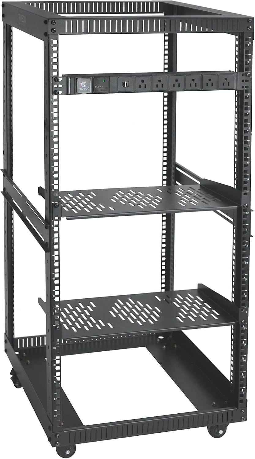 RIVECO 22U Open Frame Server Rack with Brake Casters +19' Rail Mounting PDU (8 Outlets) Power Strip with Surge Protector + 2PCS Rack Shelves Cantilever Tray Set Black