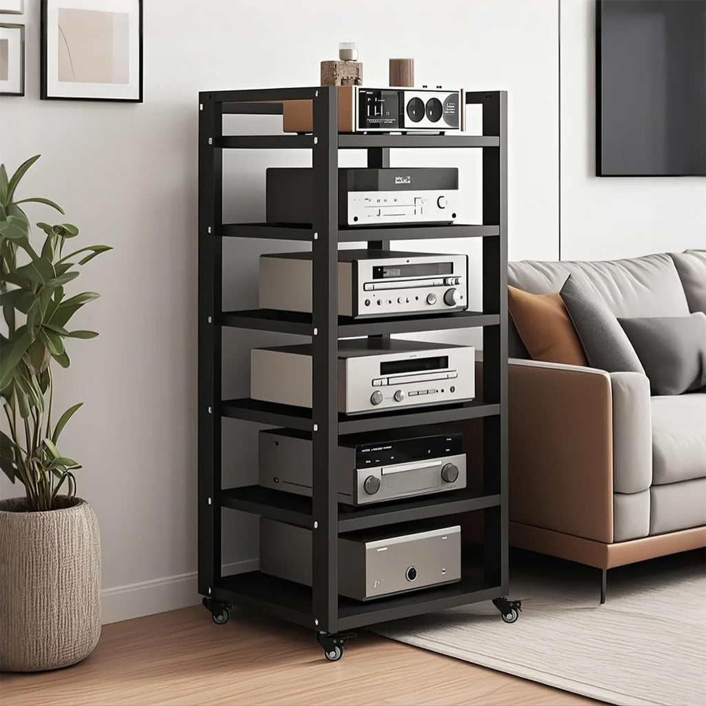 6 Tier AV Media Stand, Movable Record Player DVD CD Audio Rack Tower Holder, Adjustable Entertainment Video Game Equipment Console Shelf for Home/Office/Theater (Black)