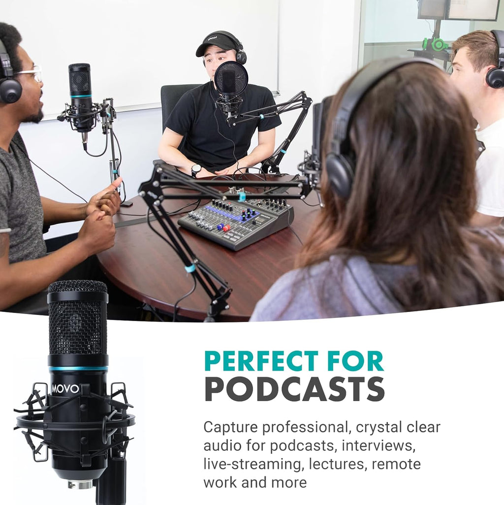 Movo iPhone 15/16 USB-C Podcast Equipment Bundle - 2 Pack Condenser Microphones, 2 Desktop Mic Stands, 2 Pop Filters, 2-Channel XLR Interface - Compatible with iPhone 15/16/17, iPad-Pro
