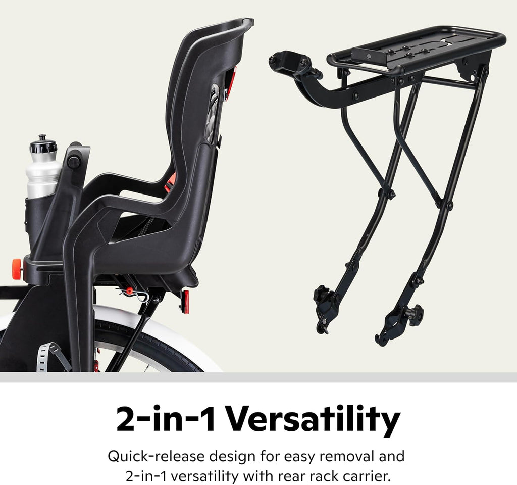 Schwinn Deluxe Child Bike Carrier, Seats one Kid Ages 1+, Frame Mount, Adjustable Safety Harness, Quick Release Design, Comfortable Padding, Rear-Mounted Child Bike Seat for Toddler