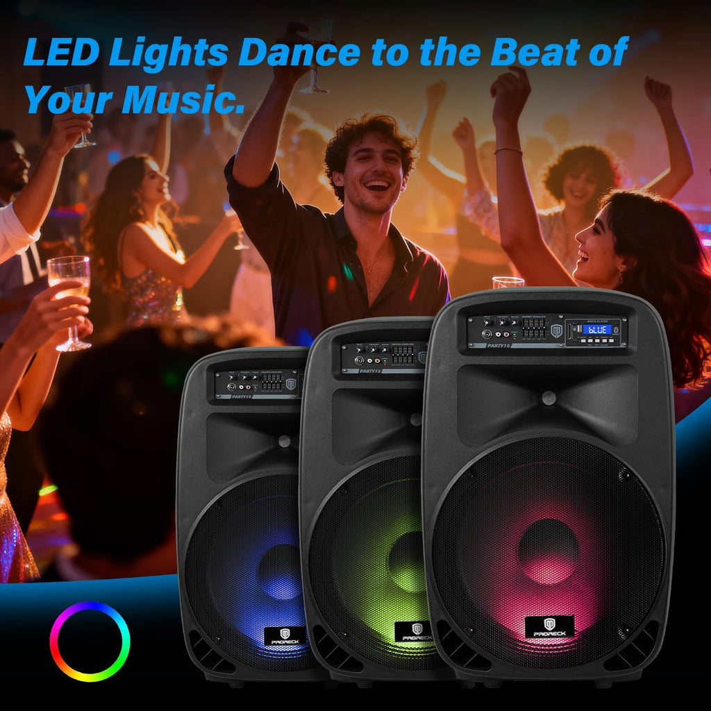 PRORECK Party 15 Portable 15-Inch 2000 Watt 2-Way Powered PA Speaker System Combo Set with Bluetooth/USB/SD Card/FM/Remote Control/LED Light for Indoor, Outdoor DJ Parties, Karaoke
