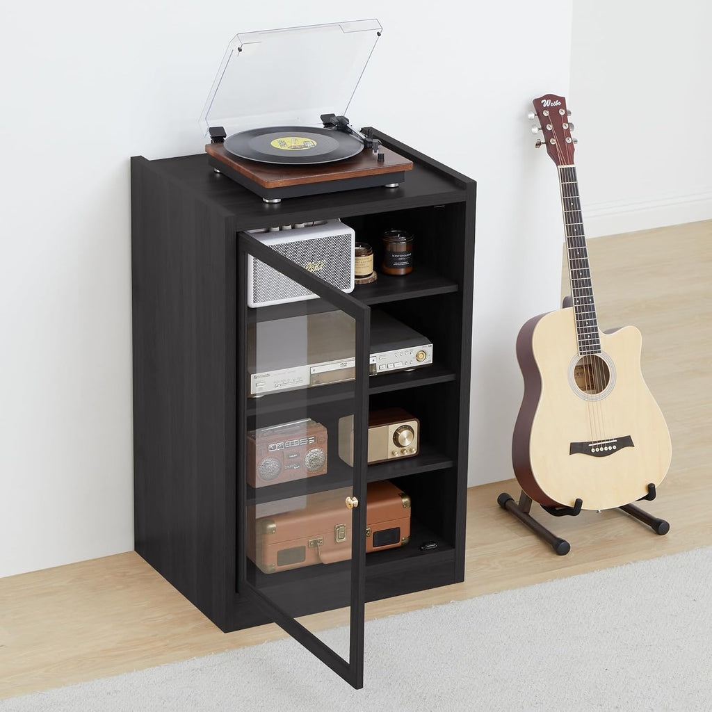 LEVNARY Media Cabinet with Door, Black 5-Tier Stereo Cabinet with Adjustable Shelves, AV Media Storage Shelf with Cable Management, Audio-Video Rack Stand for Living, Gaming, Recording Room (Black)