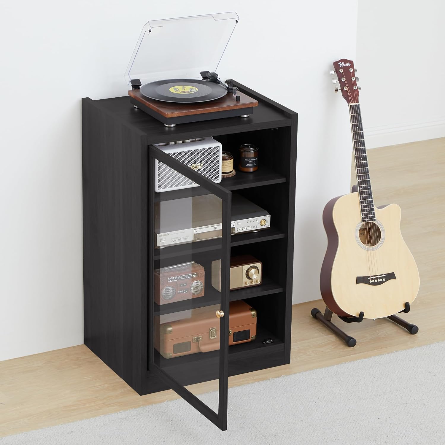 LEVNARY Media Cabinet with Door, Black 5-Tier Stereo Cabinet with Adjustable Shelves, AV Media Storage Shelf with Cable Management, Audio-Video Rack Stand for Living, Gaming, Recording Room (Black)