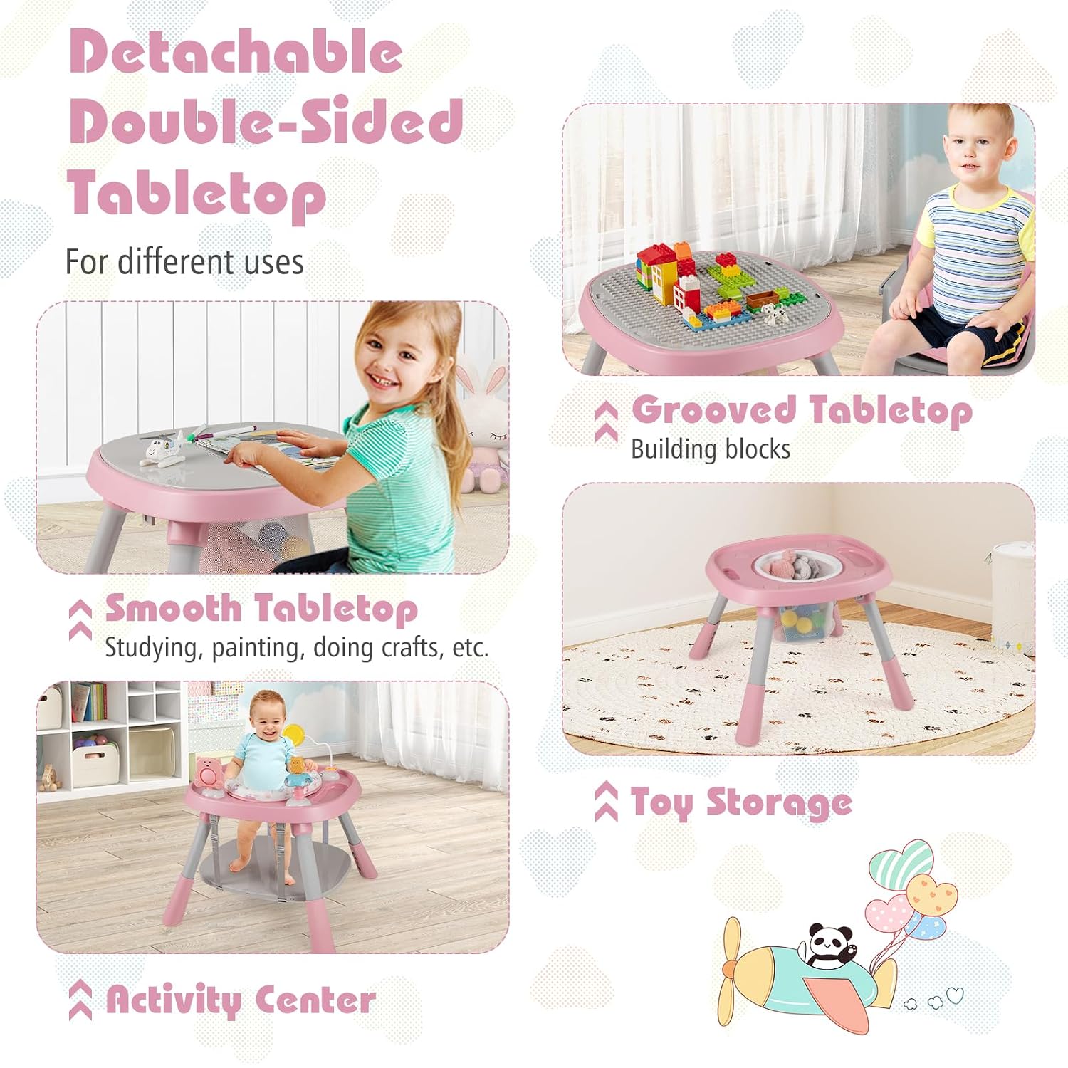 HONEY JOY 16-in-1 Baby High Chair, Convertible Highchair for Babies and Toddlers/Booster Seat/Activity Center with Toys, Building Block Table & Stool, Safety Harness, Removable Cushion & Tray (Pink)