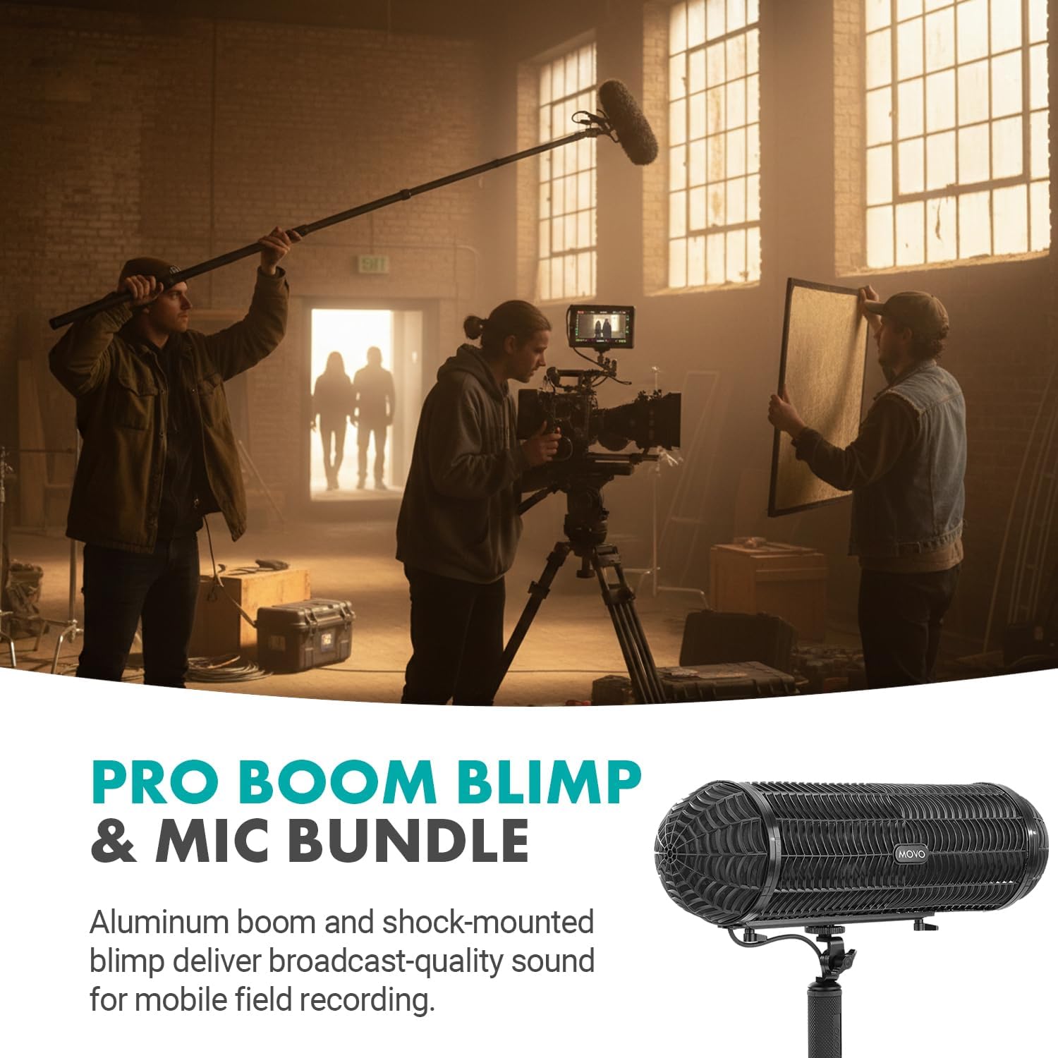 Movo Boom Mic Kit for Filmmaking – Supercardioid Shotgun Microphone, 9.8ft Boom Pole, Blimp Windscreen & Deadcat – Complete Location Sound Bundle