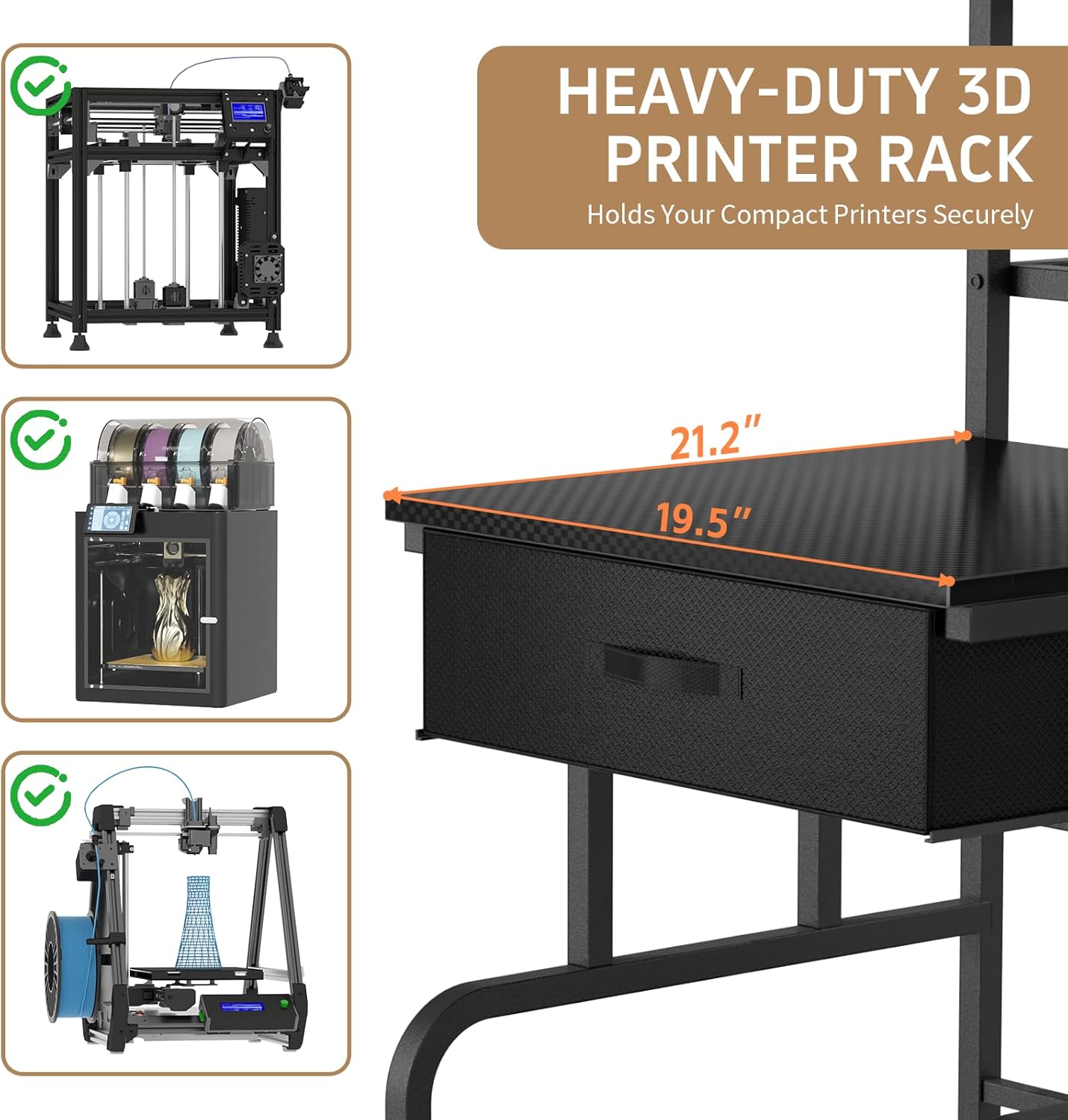 3D Printer Stand with Filament Storage,3D Printer Rack with Storage Drawer，Heavy-Duty 3D Printers Table with Power Outlet，for ABS/PLA/TPU Spools, Home Office Studi