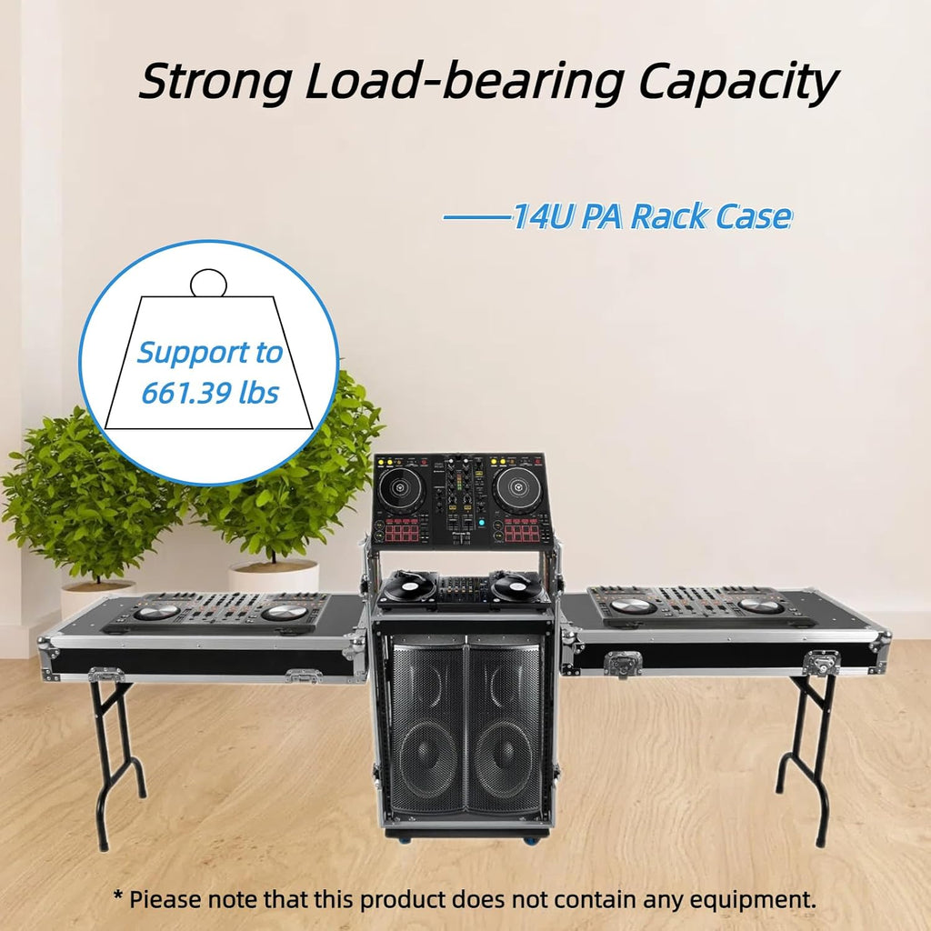 14U PA Audio Rack 2 Tiers Studio Rack with 2*DJ Table Tops, Mobile Flight Case Frame Server Rack with Wheels DJ Table DJ Rack for Studios Parties KTVs