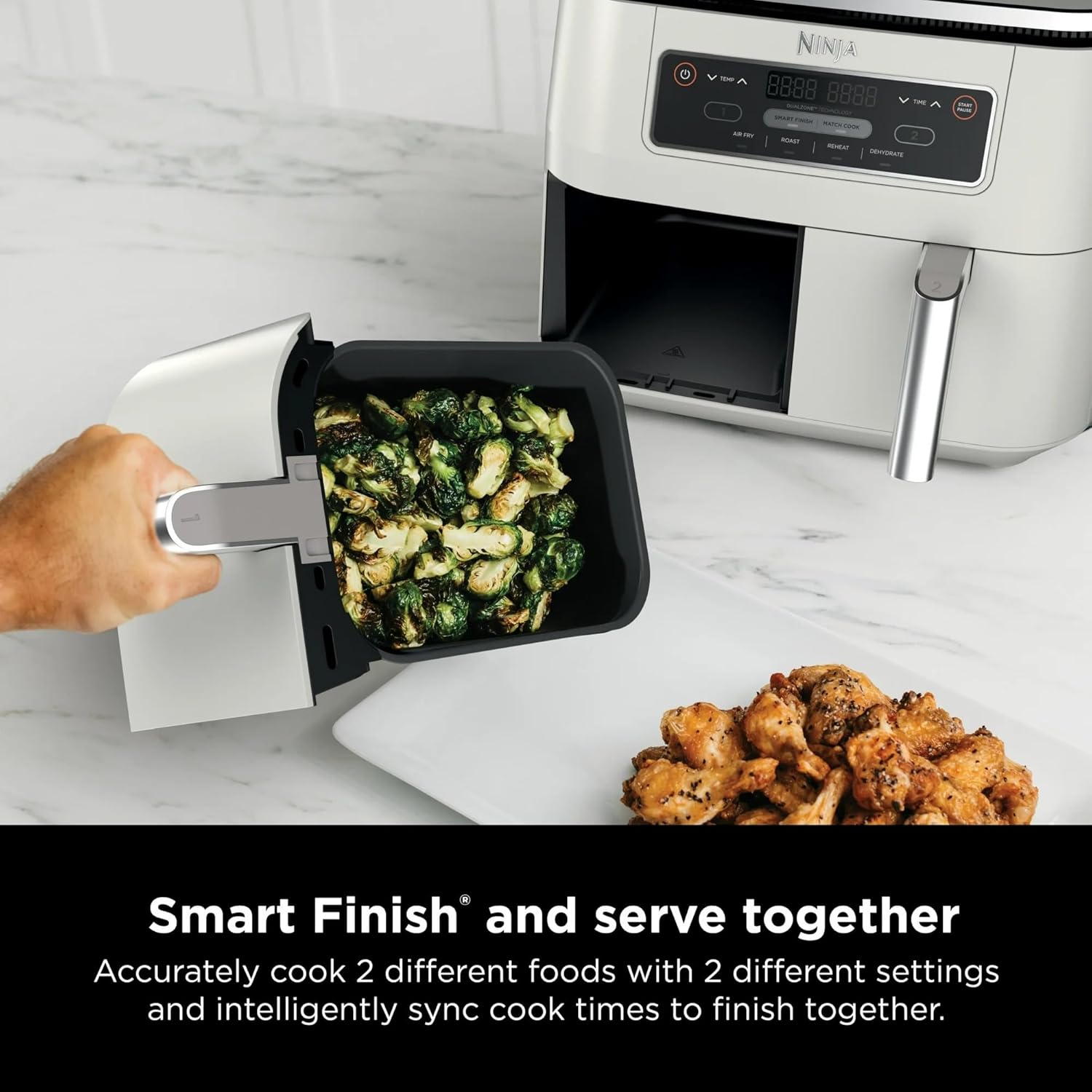 Ninja Foodi 4-in-1 8-qt. 2-Basket Air Fryer with DualZone Technology, 4 Functions, Smart Finish, Roast, Air Fry, Reheats, & Dehydrates, White, DZ100WH (Renewed)
