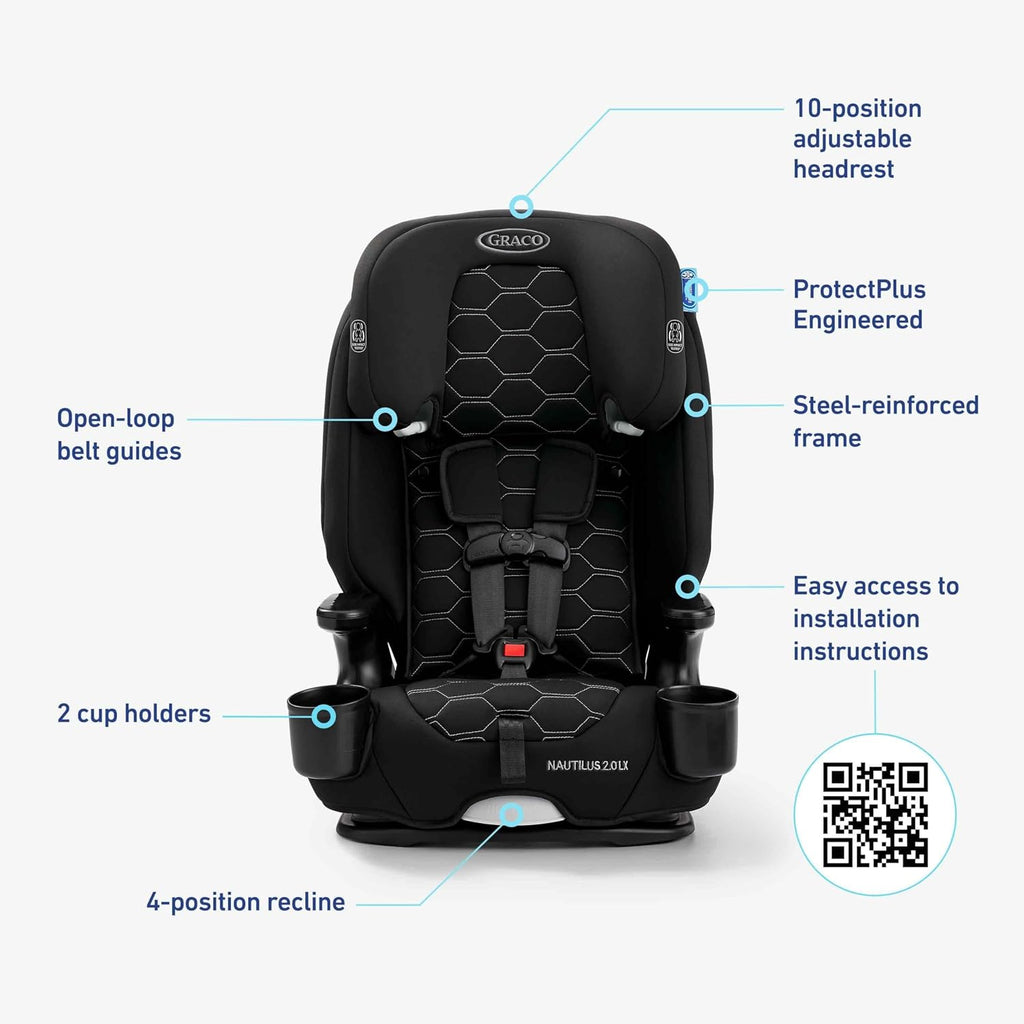 Graco Nautilus 2.0 LX 3-in-1 Forward Facing Car Seat, High Back Booster, Backless Booster Car Seat Featuring InRight & Latch, Hex