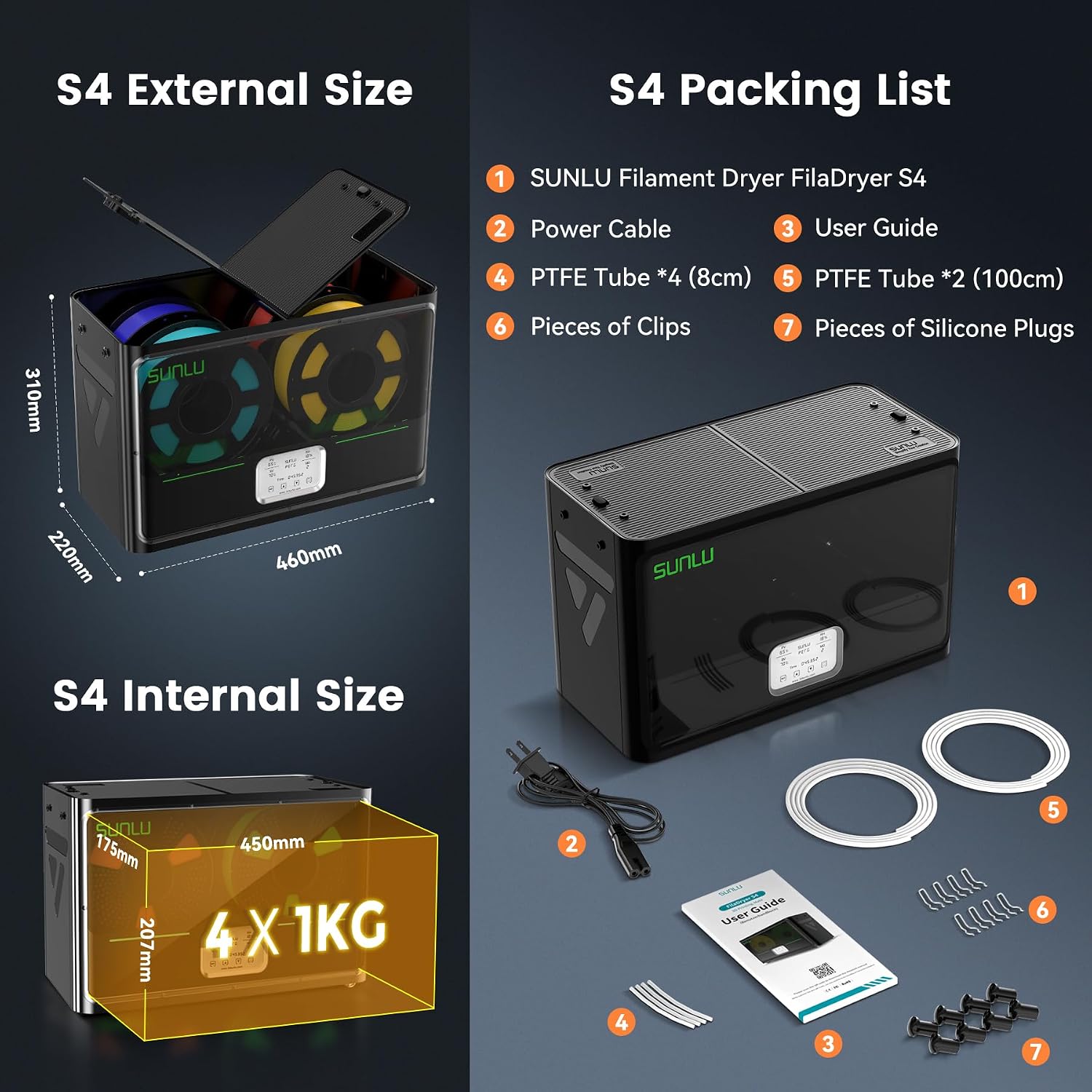 SUNLU Official 3D Printer Filament Dryer S4, 4 Spools Capacity, Upgraded 3 Circulation Fans, 350W PTC Heater, 70℃ Max Temperature, Intelligent Humidity Control, Nylon TPU PLA PETG ABS Filament, Black