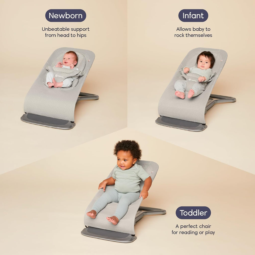 Ergobaby Evolve 3-in-1 Bouncer Seat for Babies and Toddlers 5.5-25lbs - Multi Position Baby Rocker Seat with Adjustable Heights, Secure Harness, Newborn Insert - Grey