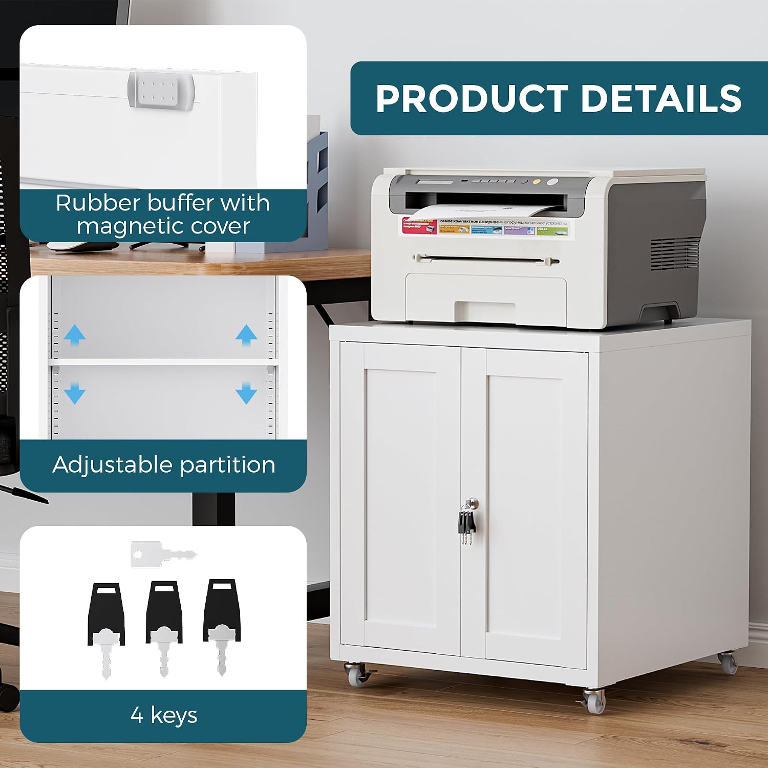 Large Printer Stand with Storage and Lock, 3D Heavy-Duty Printer Cabinet, Printer Table for Home Office with Doors and Adjustable Shelves, for Office Copier and Fax Machine, White