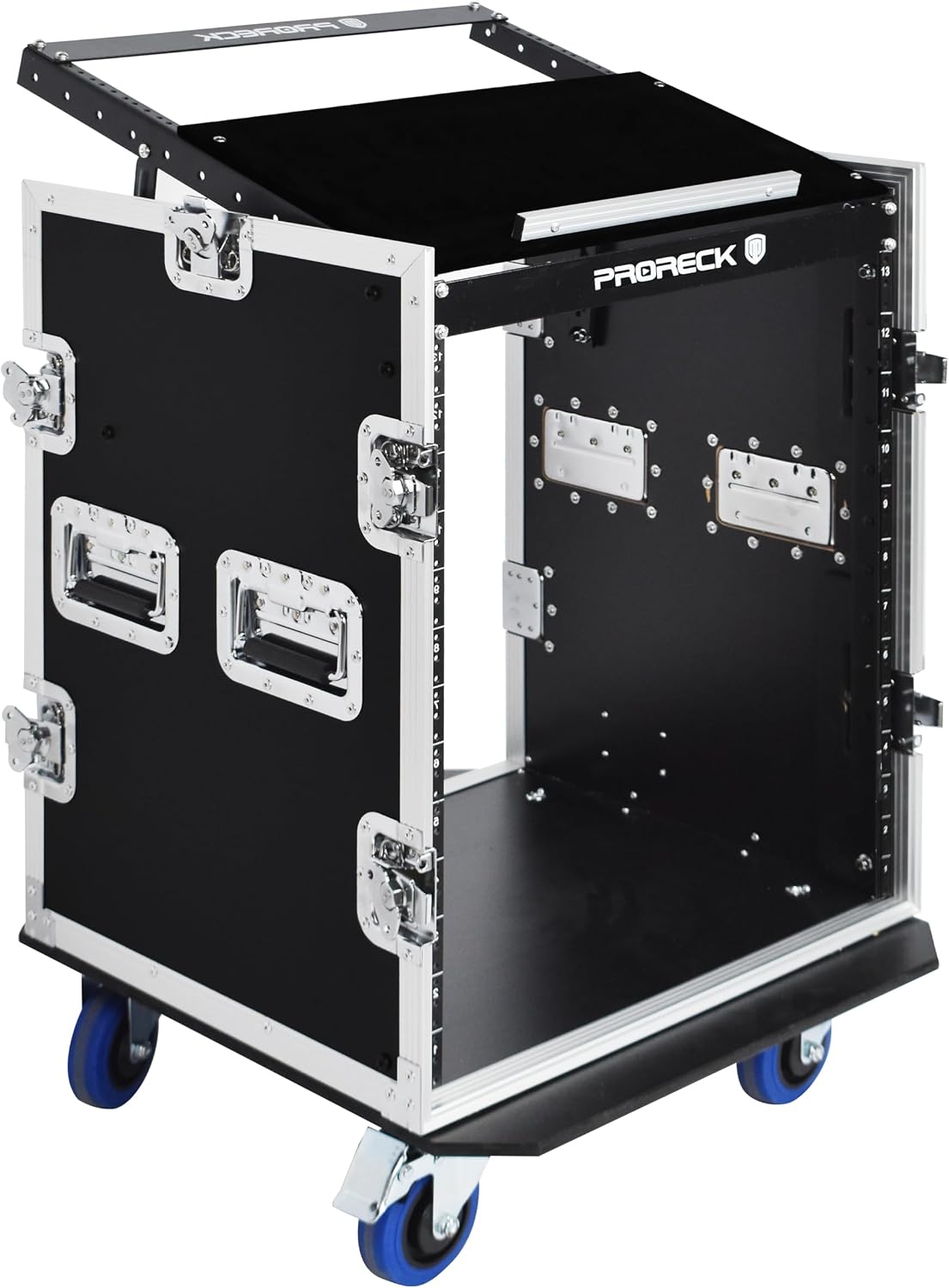 PRORECK 14U Rack/Road Case With Slant Mixer Top, And Casters, 20'' Rackable Depth, Plywood, 14U Installation Size, Pro Stage Performance.
