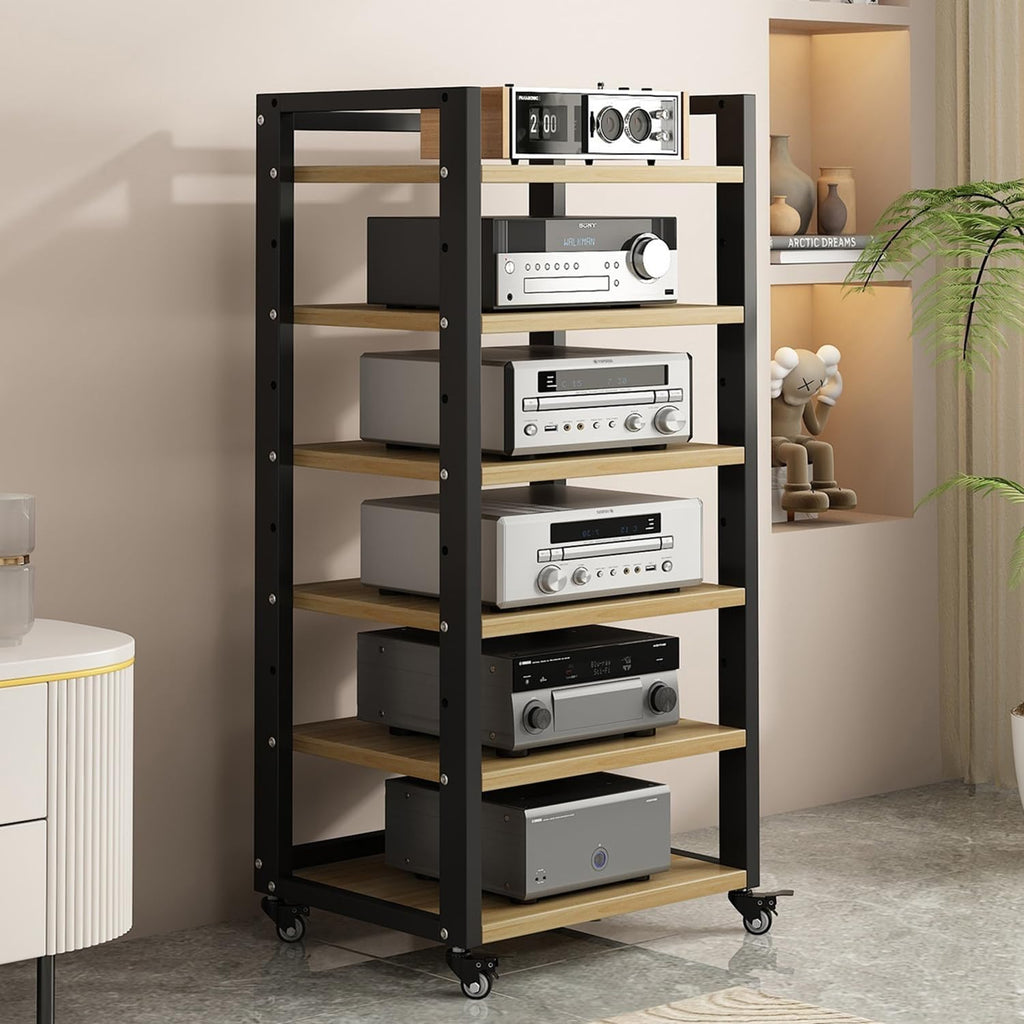 6 Tier AV Media Stand, Movable Record Player DVD CD Audio Rack Tower Holder, Adjustable Entertainment Video Game Equipment Cabinet Shelf for Home/Office/Theater (Wood Color)