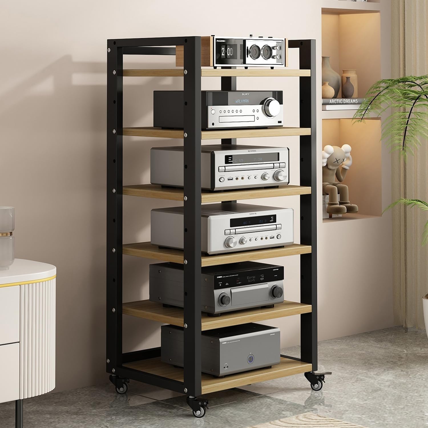 6 Tier AV Media Stand, Movable Record Player DVD CD Audio Rack Tower Holder, Adjustable Entertainment Video Game Equipment Cabinet Shelf for Home/Office/Theater (Wood Color)