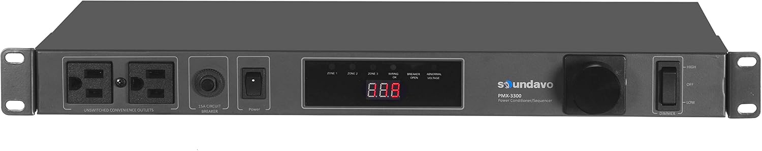 PMX-3300 Power Conditioner and Surge Sequencer 10 Protected Outlets and 3 Zones 15A with LED Voltmeter Display & Pullout Light (Grey)