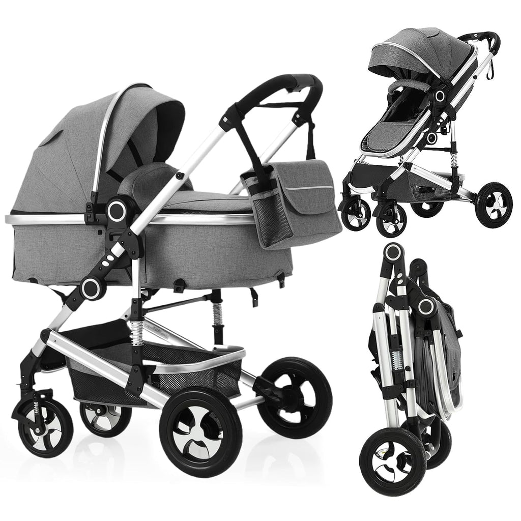 2 in 1 Baby Stroller, Convertible Pushchair Stroller w/Reversible Seat, Foldable Newborn Pram Carriage, Adjustable Canopy, Storage Basket, Diaper Bag & Cup Holder, 0-36 Months (Dark Gray)