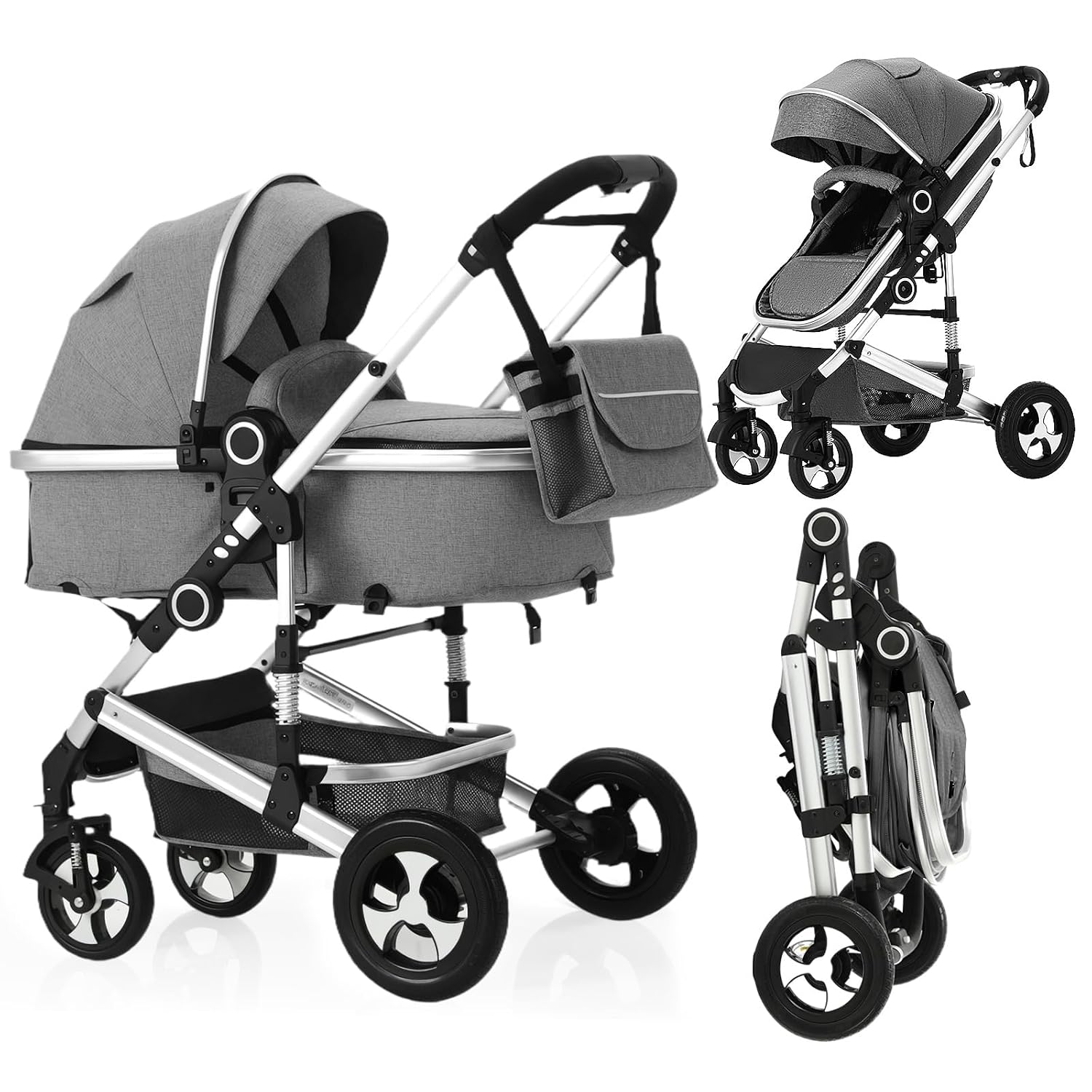 2 in 1 Baby Stroller, Convertible Pushchair Stroller w/Reversible Seat, Foldable Newborn Pram Carriage, Adjustable Canopy, Storage Basket, Diaper Bag & Cup Holder, 0-36 Months (Dark Gray)