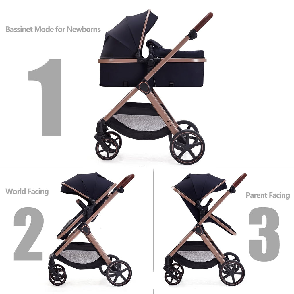 Lortsybab 2 in 1 Baby Stroller, Newborn Infant Toddler Convertible Bassinet Pram Stroller for 0-36 Months Old Babies (Black)