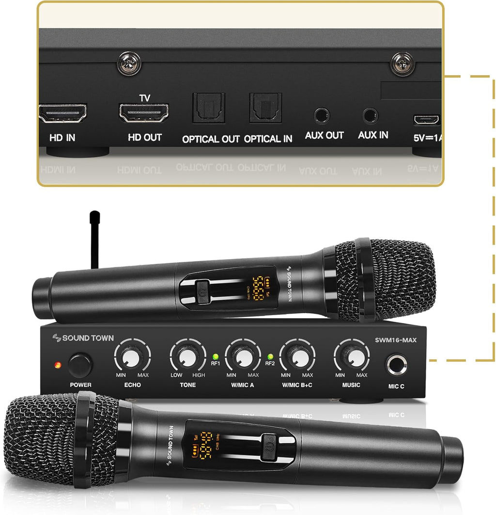 Sound Town Wireless Microphone Karaoke Mixer System with HD Audio Return Channel, Optical (Toslink), AUX, Supports Smart TV, Media Box, PC, Bluetooth, Soundbar, Receiver (SWM16-MAX)