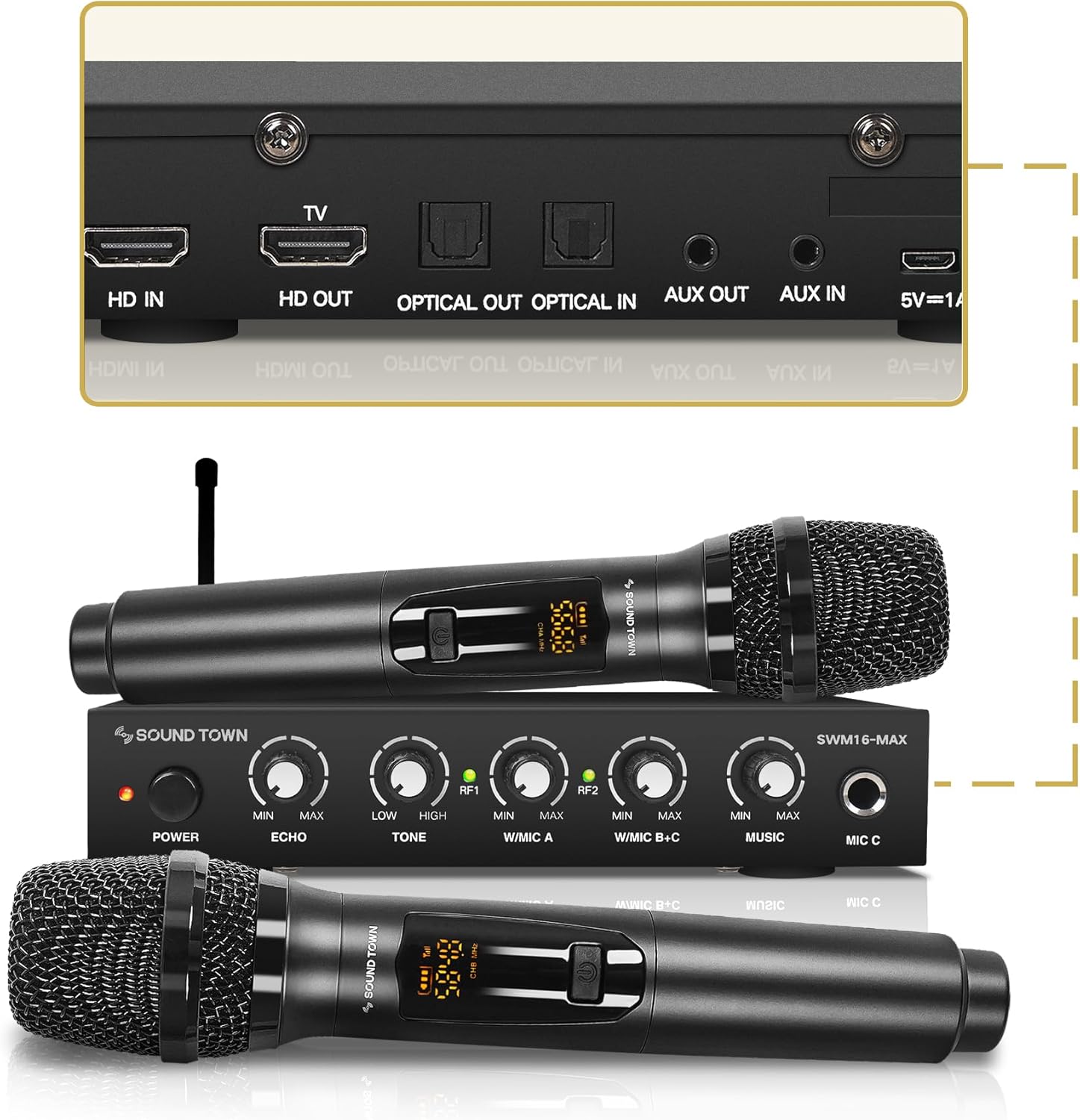 Sound Town Wireless Microphone Karaoke Mixer System with HD Audio Return Channel, Optical (Toslink), AUX, Supports Smart TV, Media Box, PC, Bluetooth, Soundbar, Receiver (SWM16-MAX)