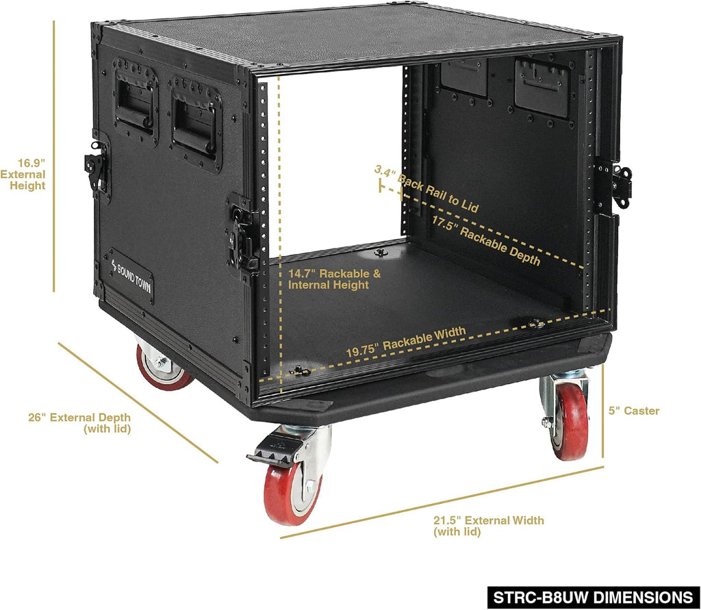 Sound Town Black Series 8U PA/DJ Rack/Road Case with 8-Space, All-Black Anodized Hardware, Plywood, Casters, and 21' Rackable Depth - Pro Tour Grade (STRC-B8UW)
