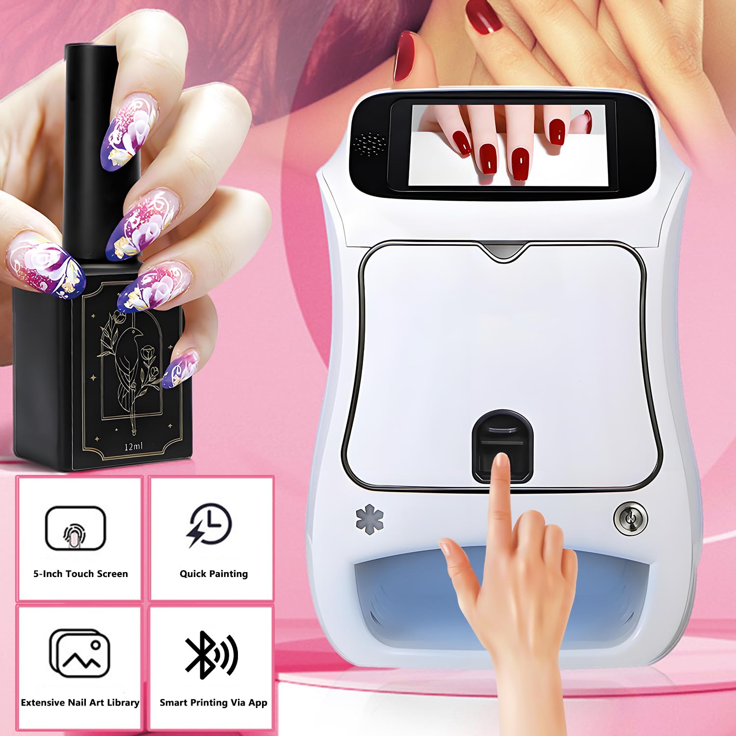 Electric Mini Nail Art Printer, 4800dpi APP Control Nail Printing, Automatically Recognize Nail Shape,Fast Drawing in 10S,for Girls' Home Nails,Weddings,Nail Art Studio